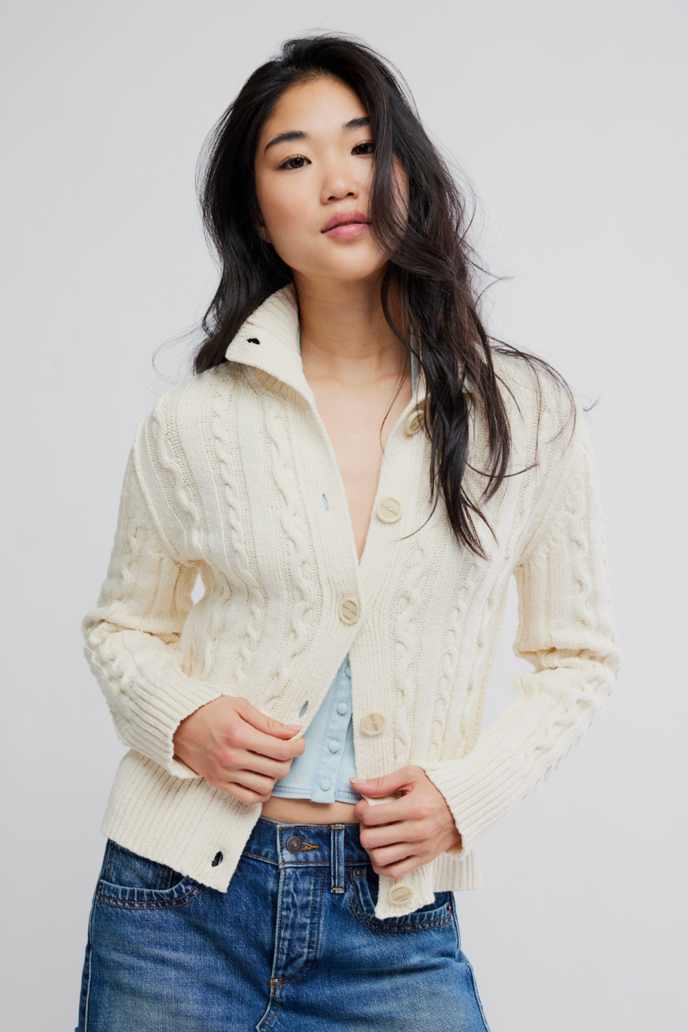 Free People: WTF Cable Collar Cardi in Ivory