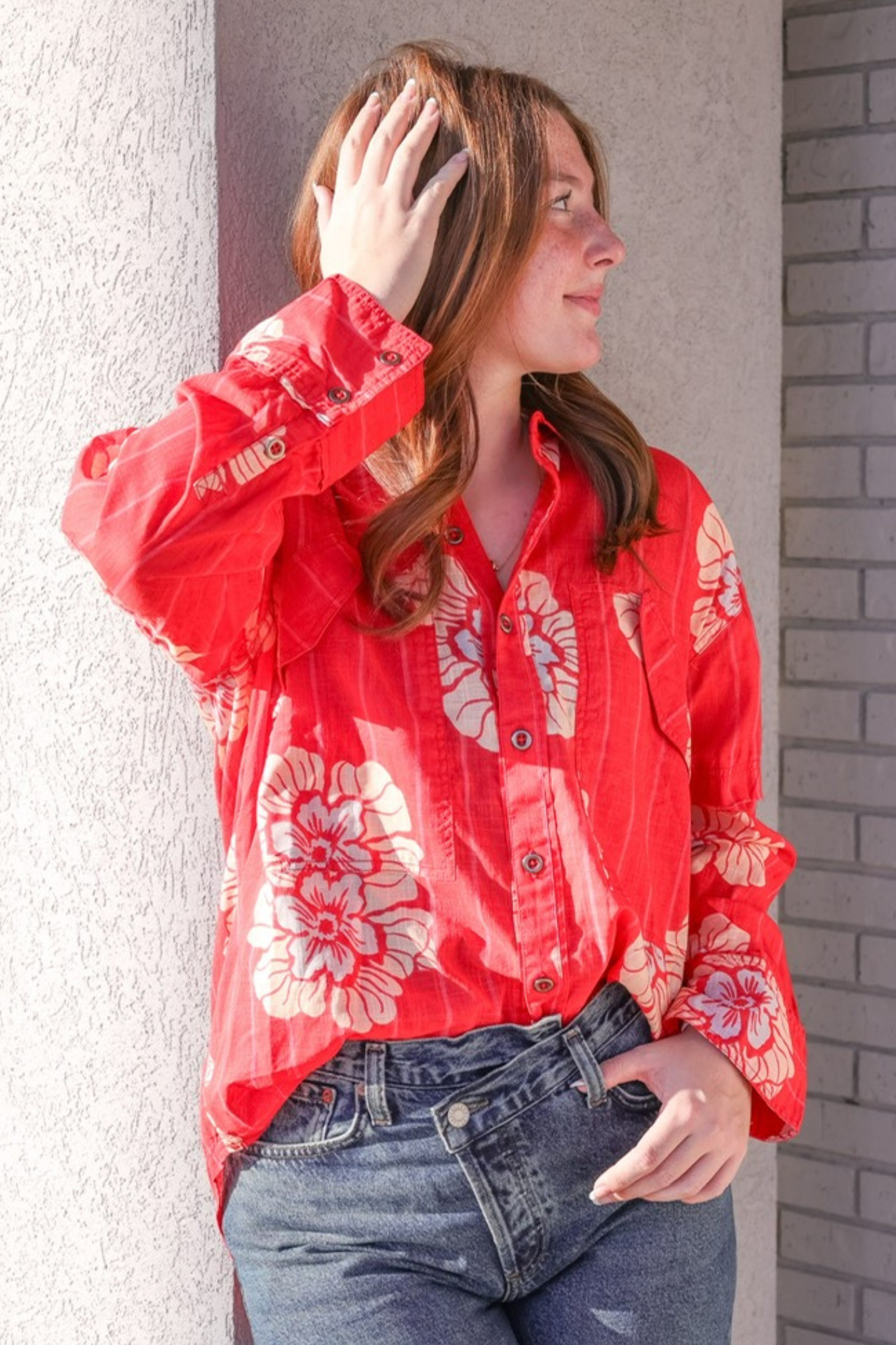 Free People: Hidden Flower Camo Shirt in Cherry