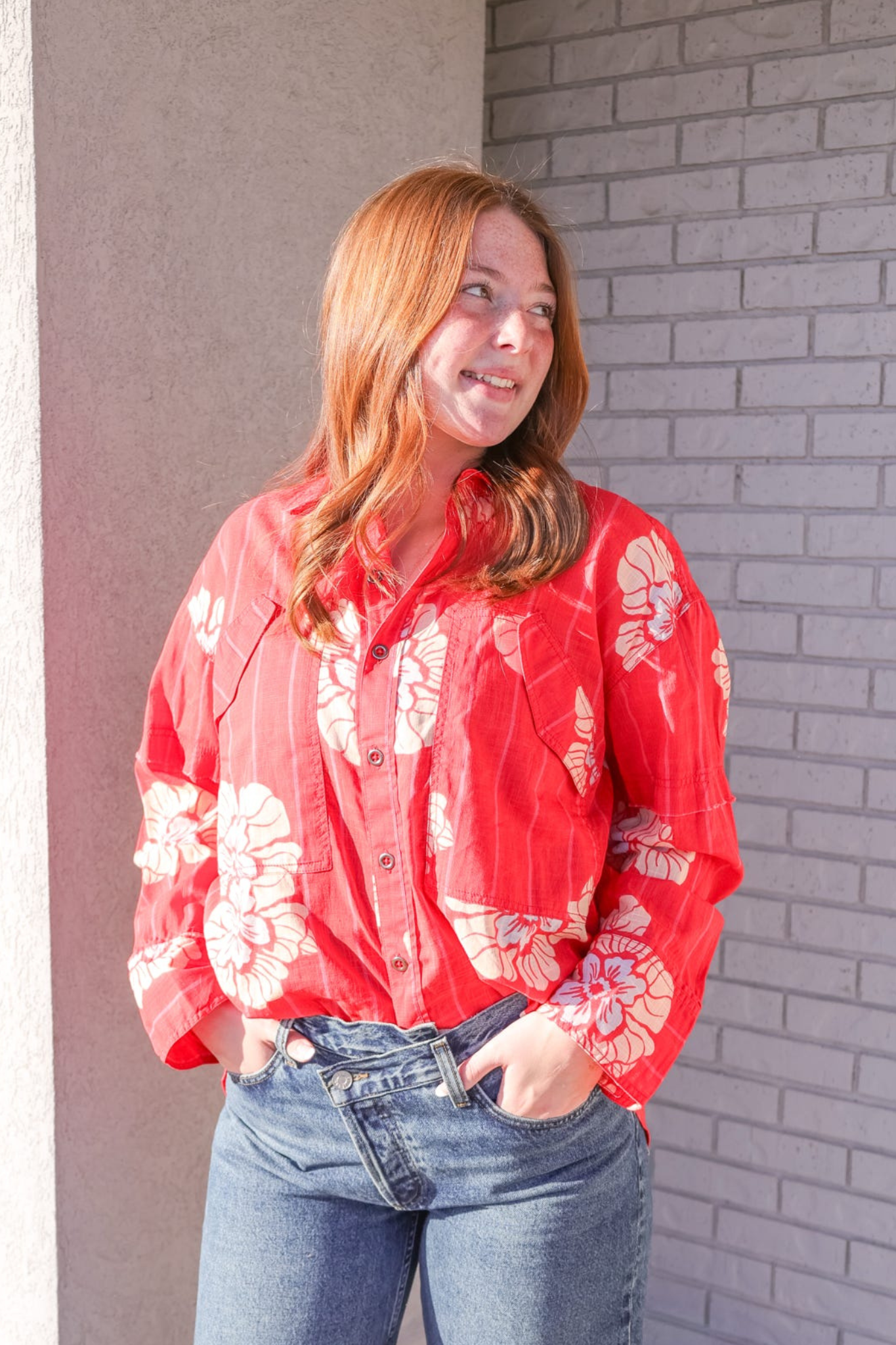 Free People: Hidden Flower Camo Shirt in Cherry