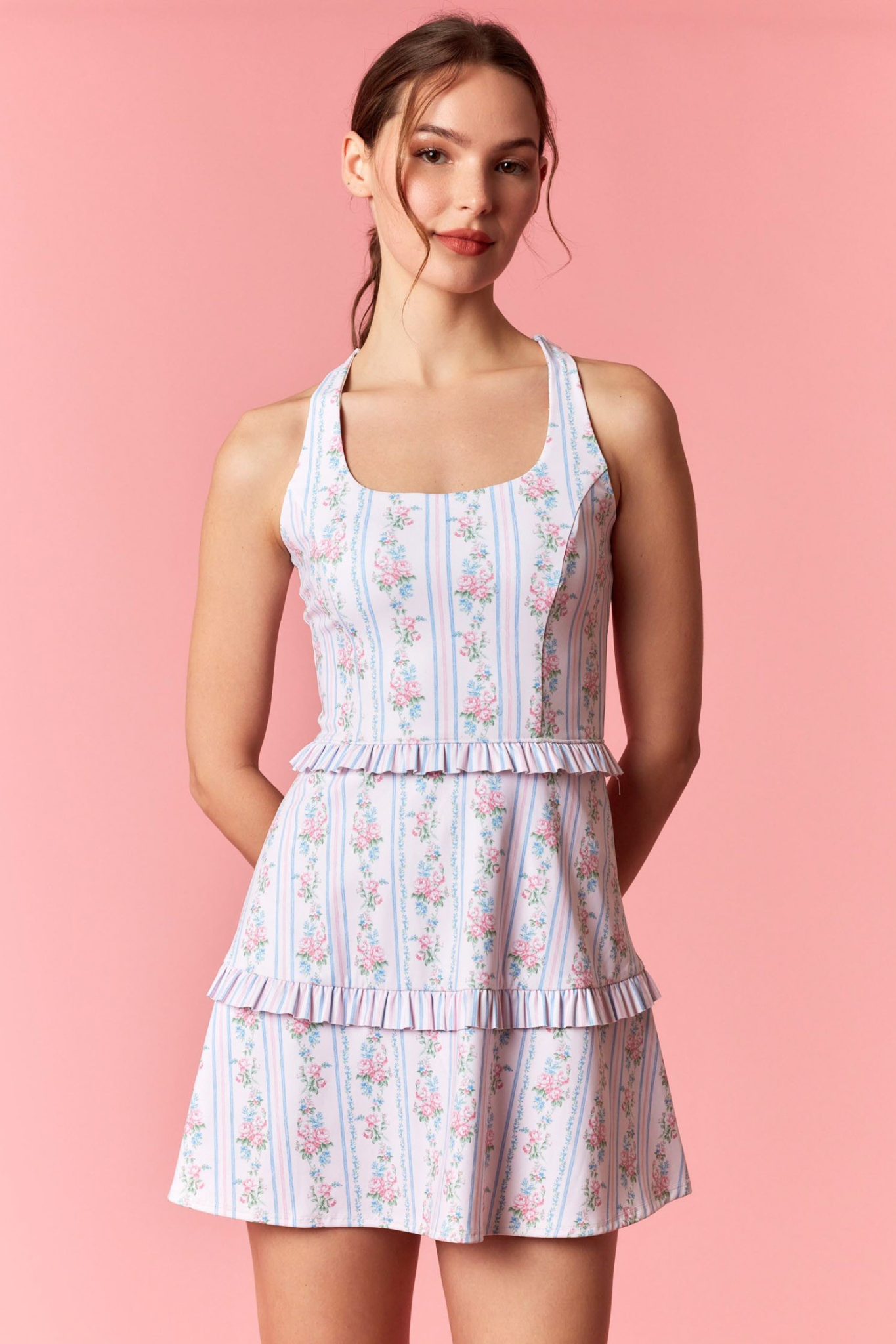 Floral Stripe Active Dressy Romper With Cross