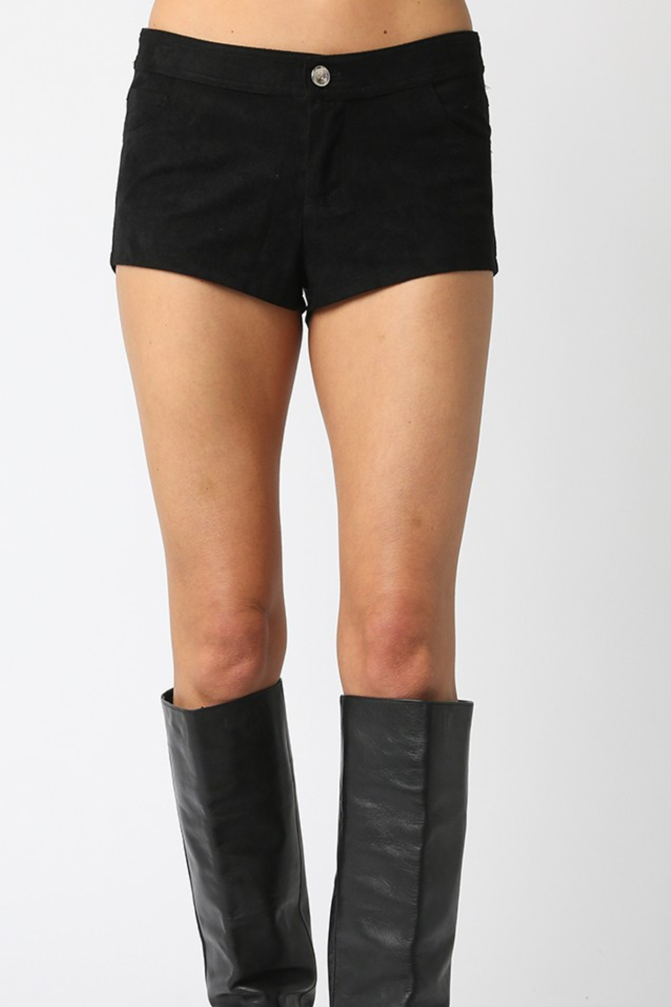 Olivaceous: Kali Suede Mini Shorts in Black