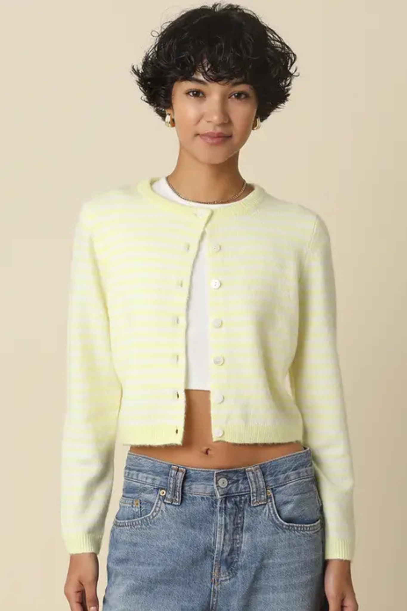 Olivaceous: Deja Cropped Knit Cardigan in Butter Cream