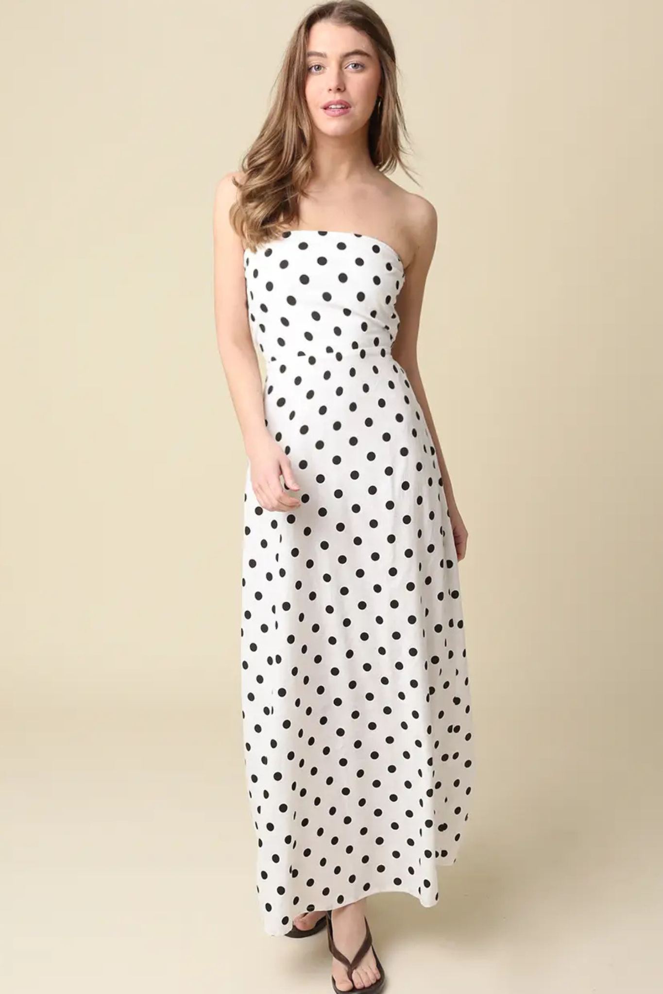 Olivaceous: Vivian Maxi Dress in White Black Polka Dot