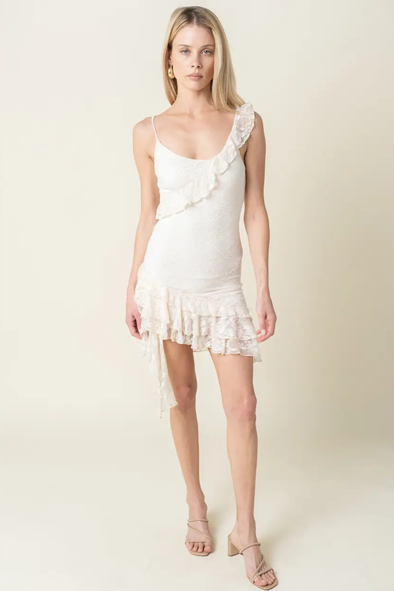 Olivaceous: Evelin Lace Ruffle-Hem Dress in Cream