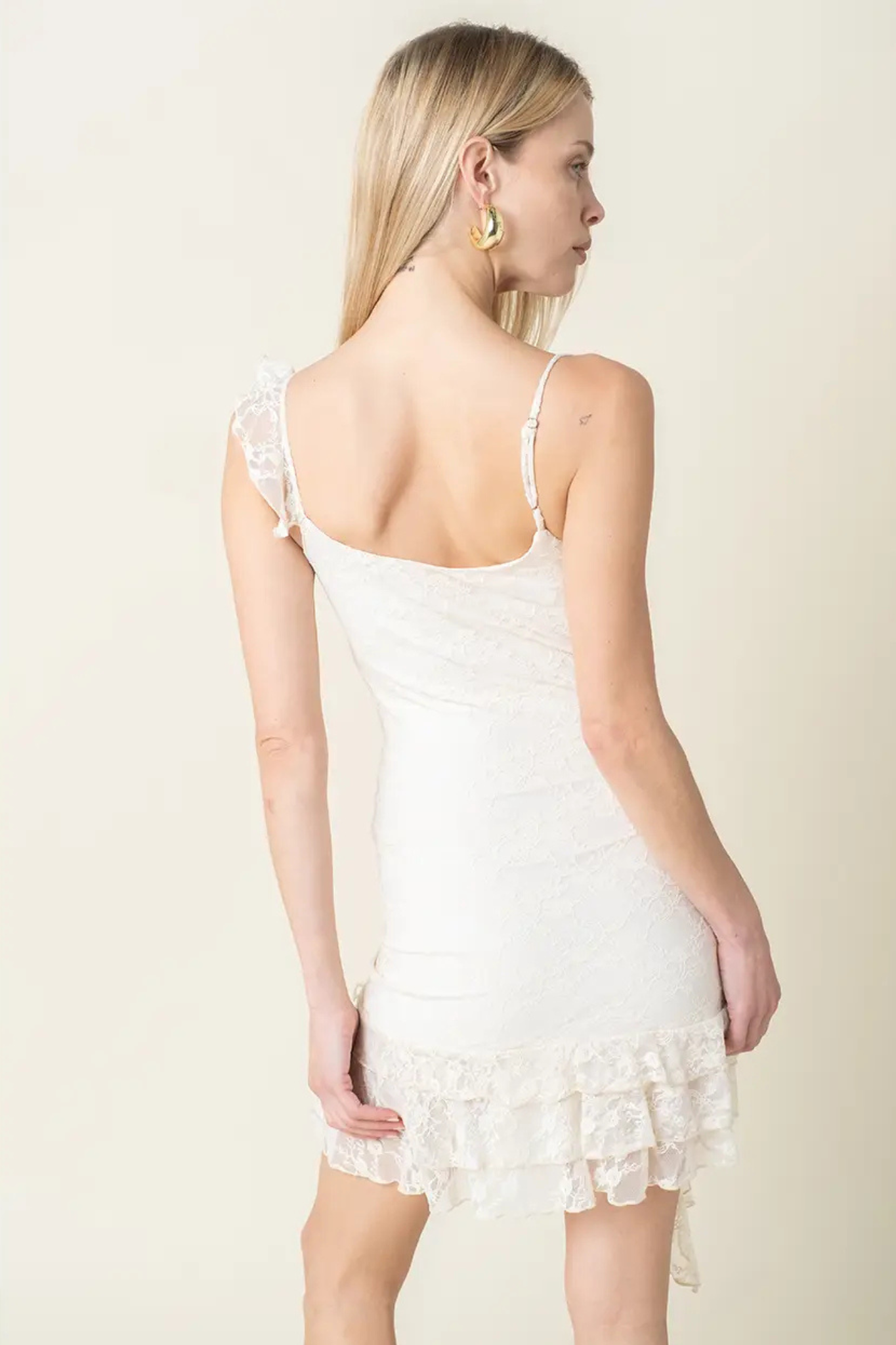 Olivaceous: Evelin Lace Ruffle-Hem Dress in Cream