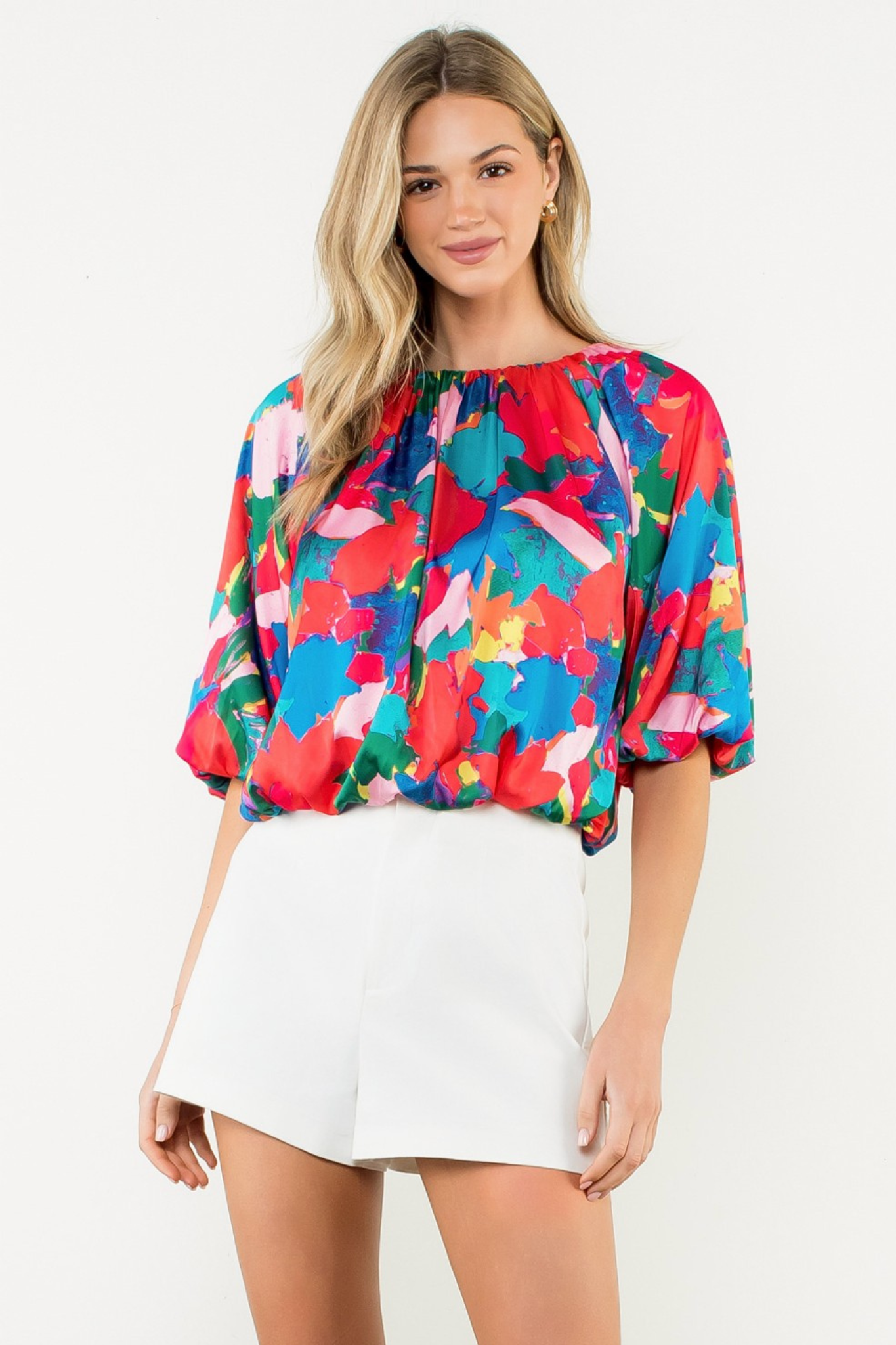 Balloon Sleeve Abstract Print Top