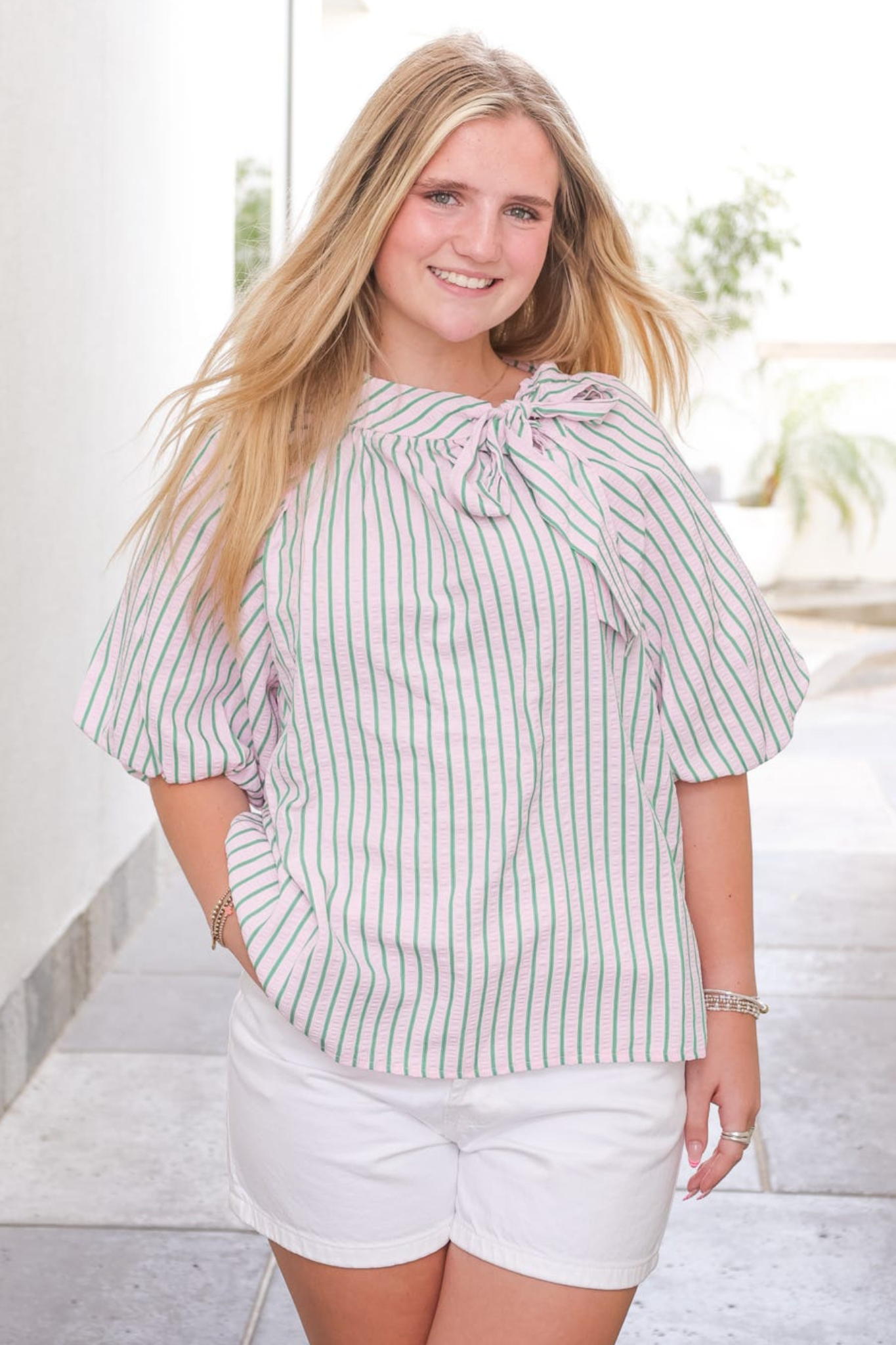 THML: Puff Sleeve Vertical Stripe Top