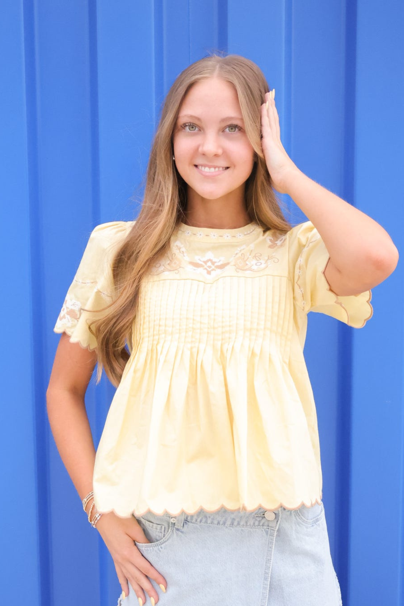 Zoe and Claire: Embroidered Pleated Top
