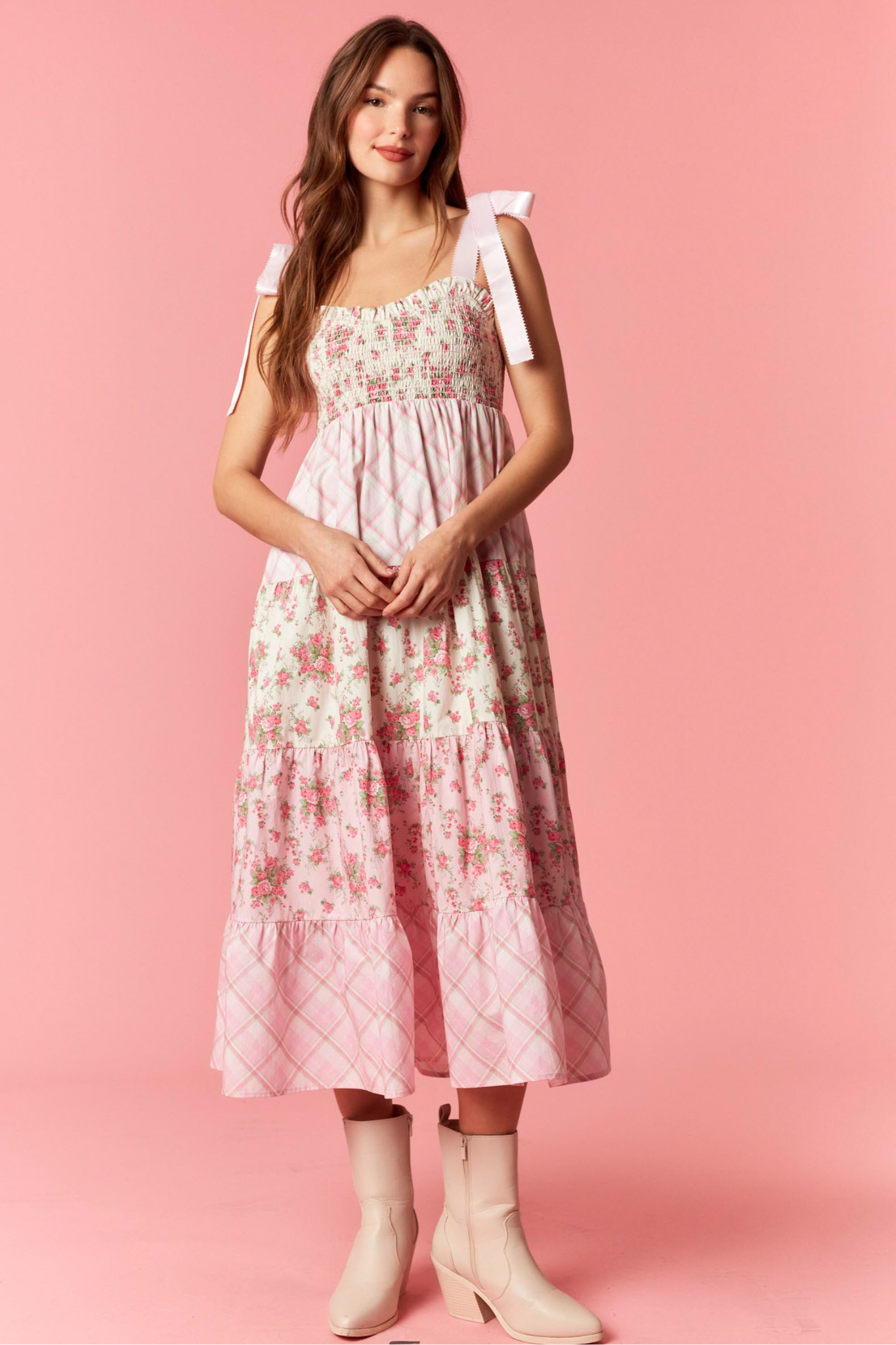 Peach Love California: Charlotte Pink Midi Dress