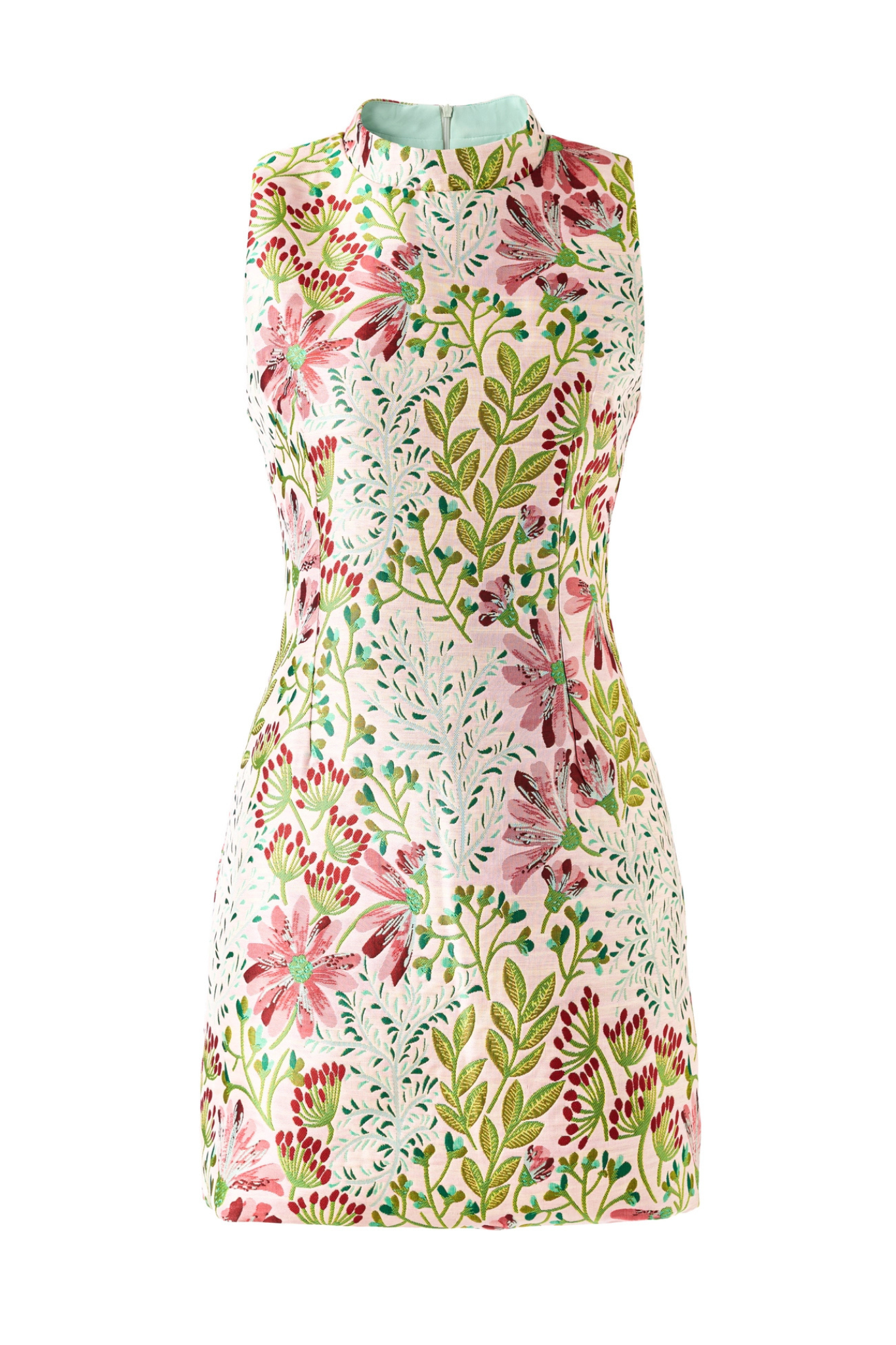 A sleeveless, knee-length sheath dress with a vibrant floral and botanical print on a cream background. The pattern features pink flowers, green leaves, and red berries, with a light blue collar.