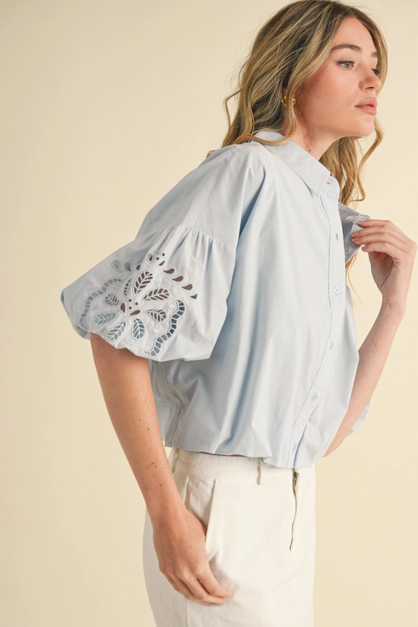 &MERCI Women's Cut Out Embroidered Bubble Sleeve Top in Sky Blue