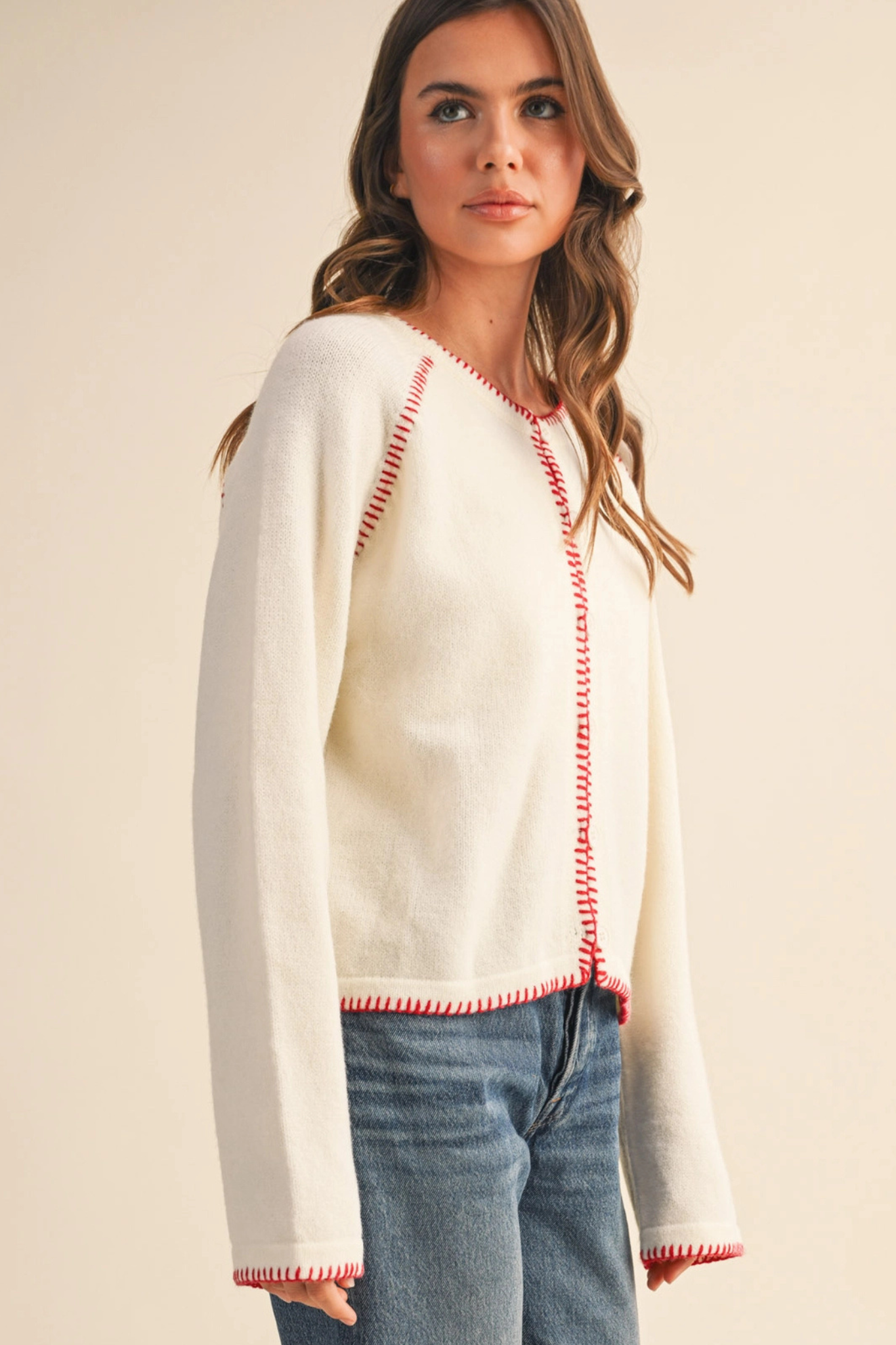 &MERCI Women's Contrast Blanket Stitch Sweater Cardigan in Ivory/Red