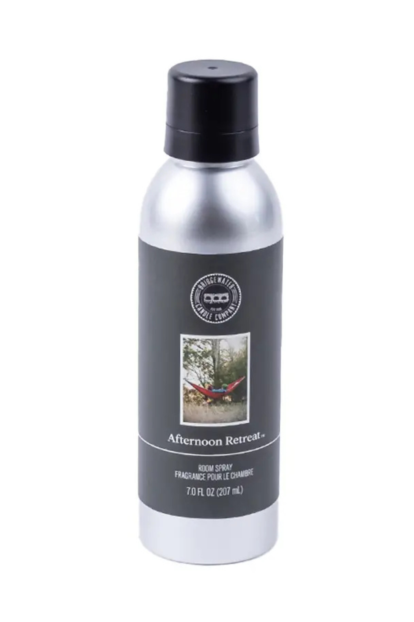 A 7.0 fl oz aluminum room spray bottle with a black cap and a dark gray label.