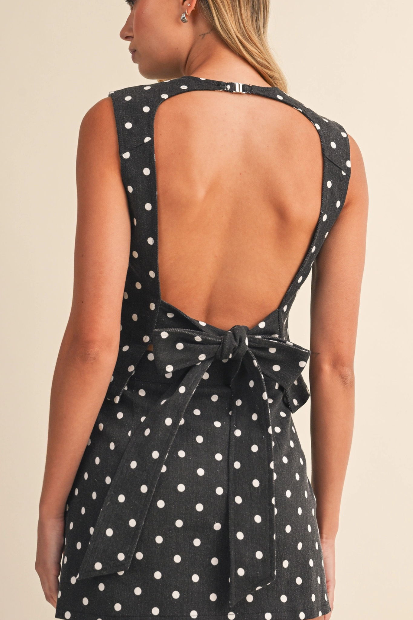 Klesis Women's Polka Dot Open Back Top in Black/Cream