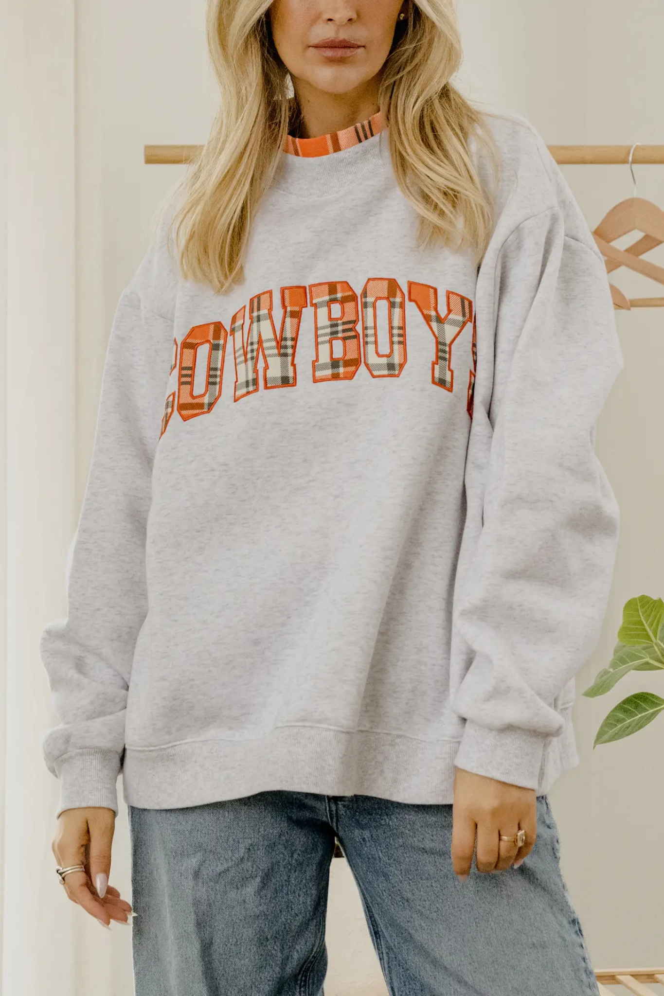Livy Lu Women's OSU Cowboys Varsity Plaid Gray Mock Neck Sweatshirt