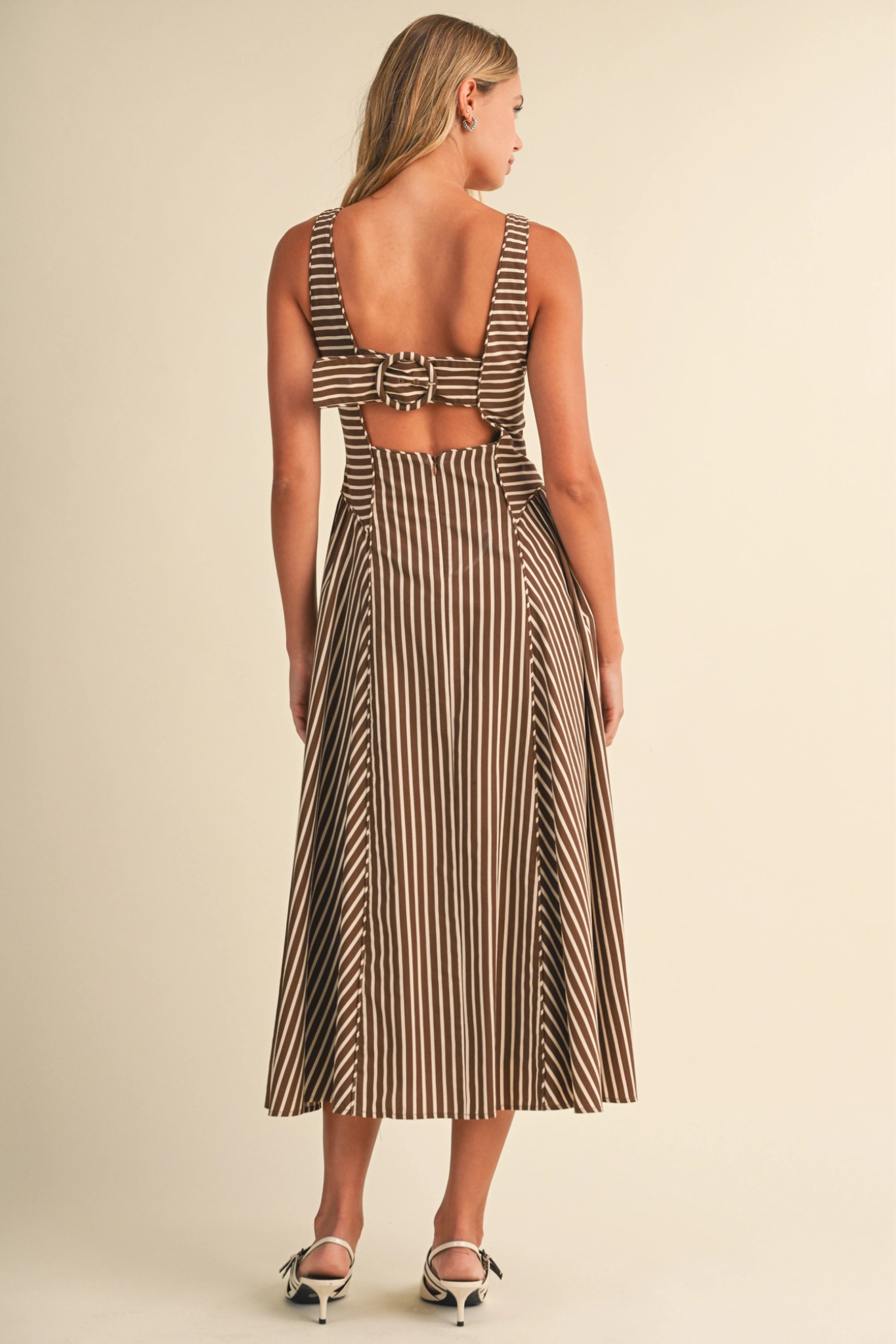 Klesis Women's Back Buckle Piping Detail Midi Dress in Striped Brown/Cream