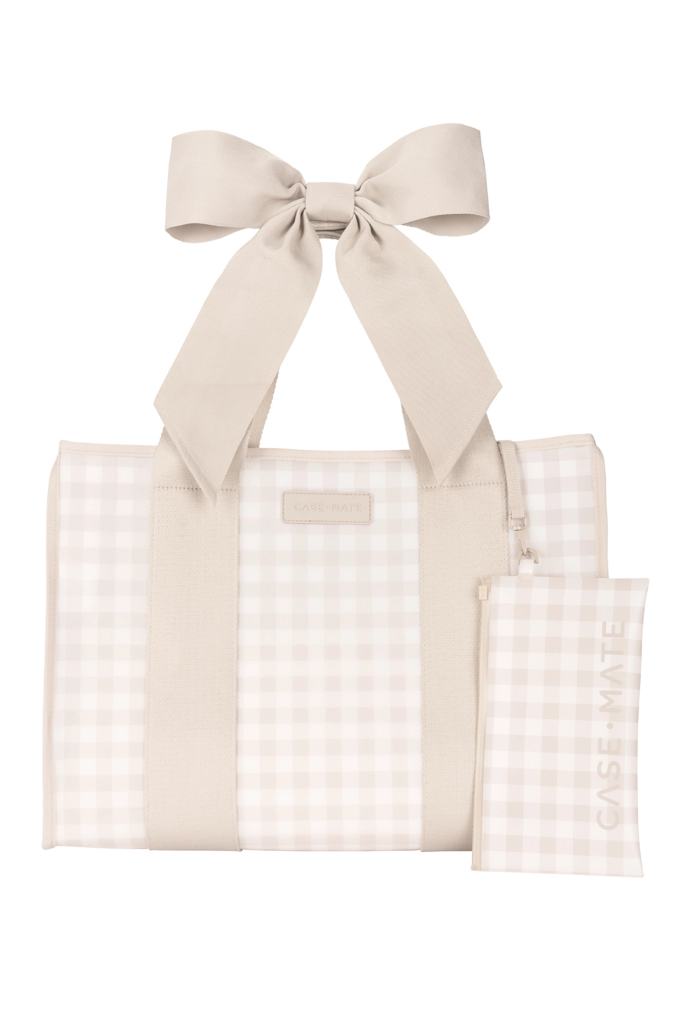 A beige and white gingham tote bag with a large matching fabric bow on the handle, shown on a clean white background. A matching small zip pouch labeled CASE-MATE stands beside it.