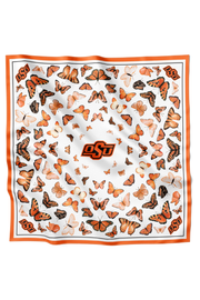 A square white scarf featuring an all-over pattern of orange and black butterflies, finished with a double orange border. The center features the Oklahoma State University 'OSU' logo, and several 'OSU' initials are visible within the butterfly motifs.