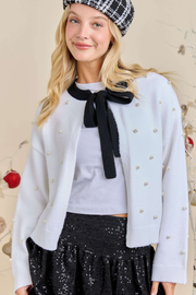 Main Strip: White Neck Tie Cardigan With Pearls Studs
