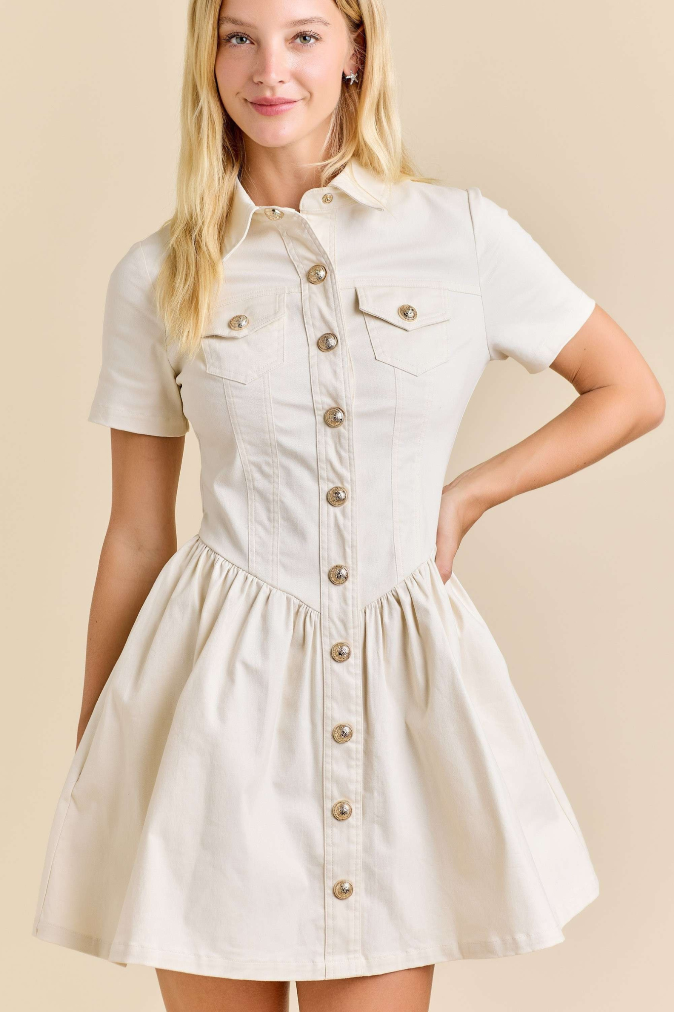 Main Strip: White Short Sleeve Button-up Mini Denim Dress