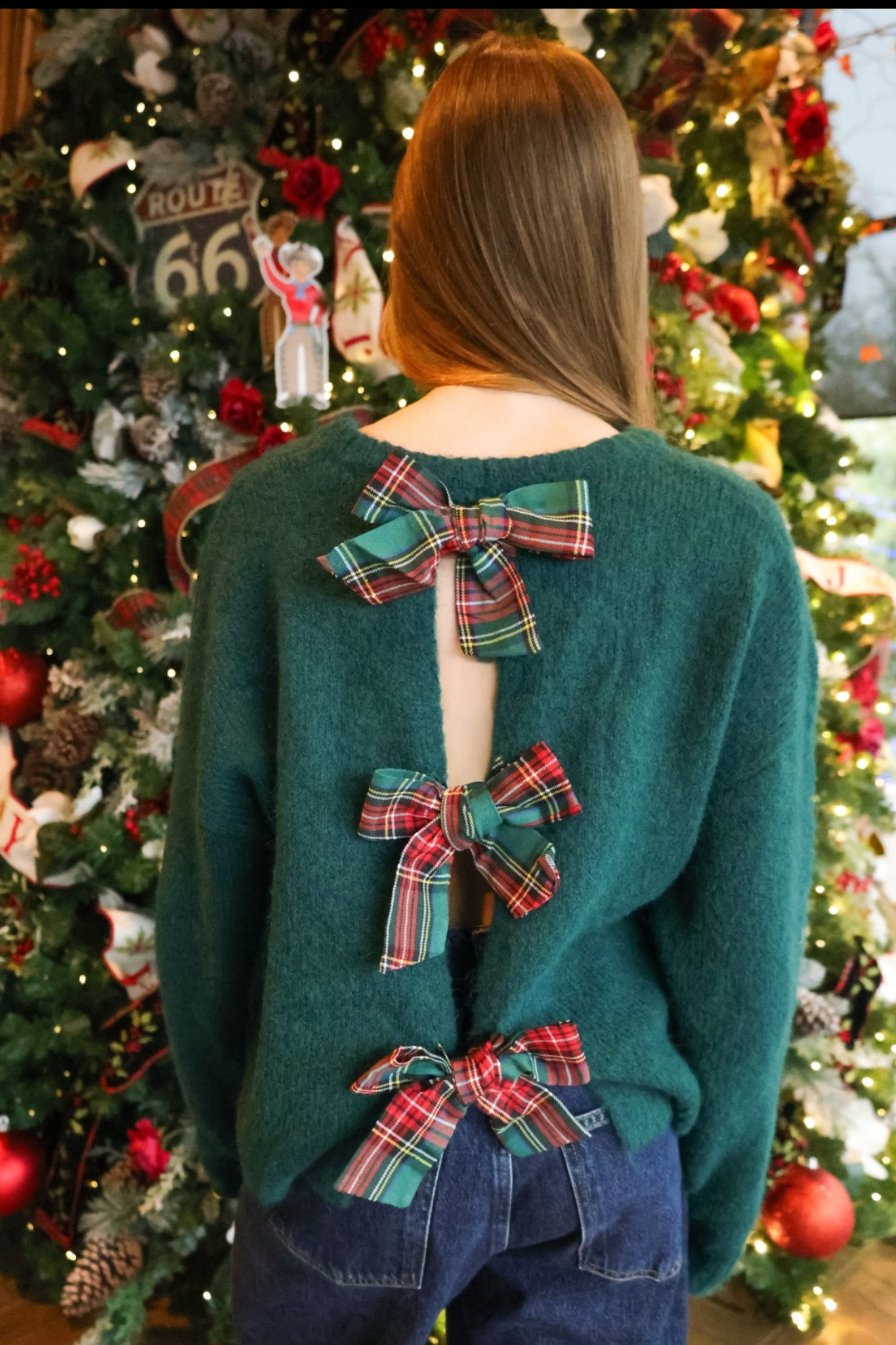 Green plaid bow sweater