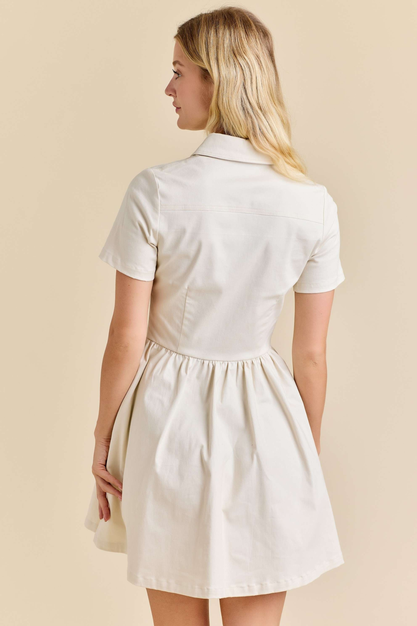 Main Strip: White Short Sleeve Button-up Mini Denim Dress