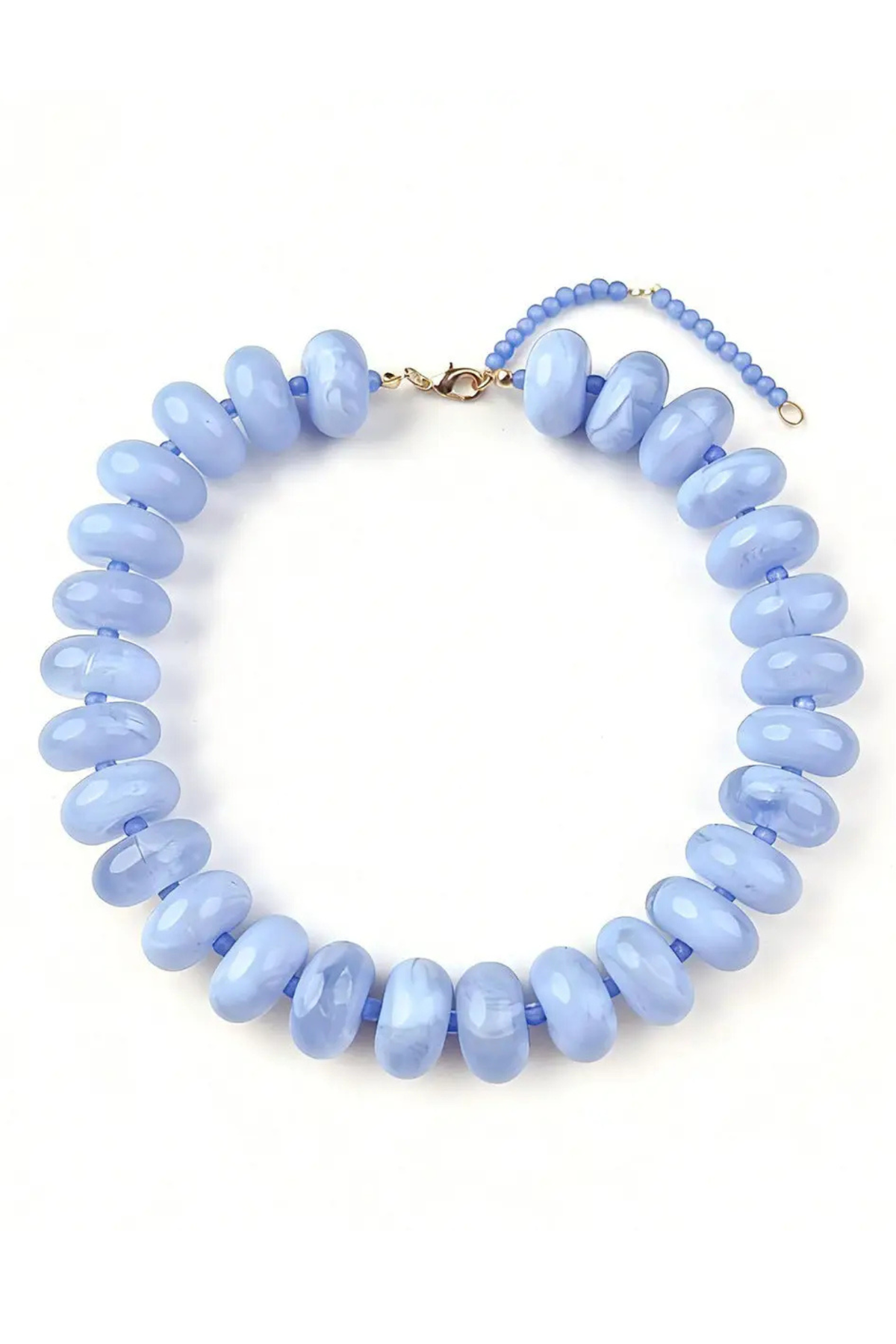 A light blue beaded necklace with large, rounded disc-shaped beads and a gold-tone clasp, displayed on a clean white background.