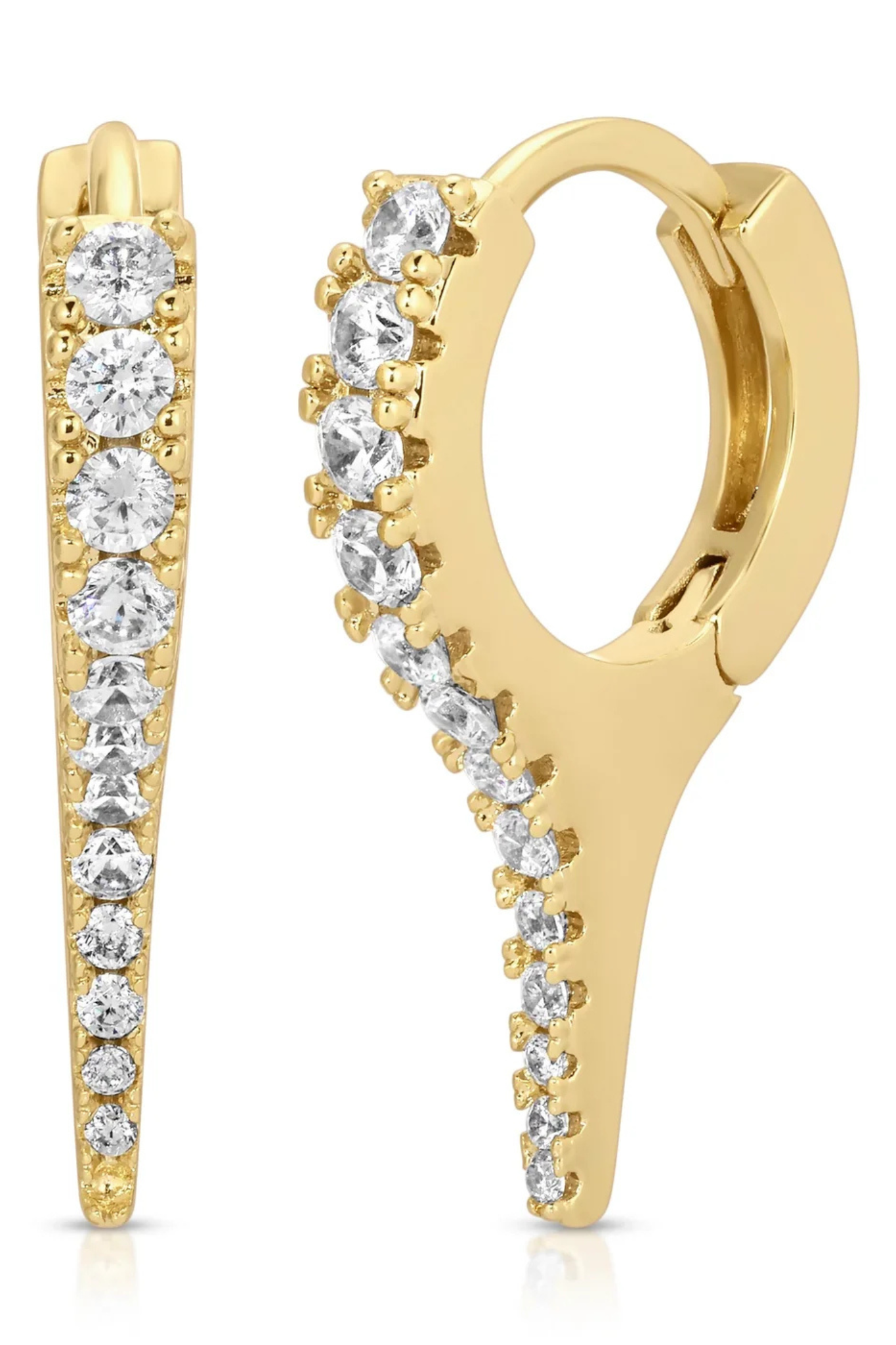A pair of gold huggie hoop earrings with curved rows of clear round-cut gemstones, shown on a clean white background.