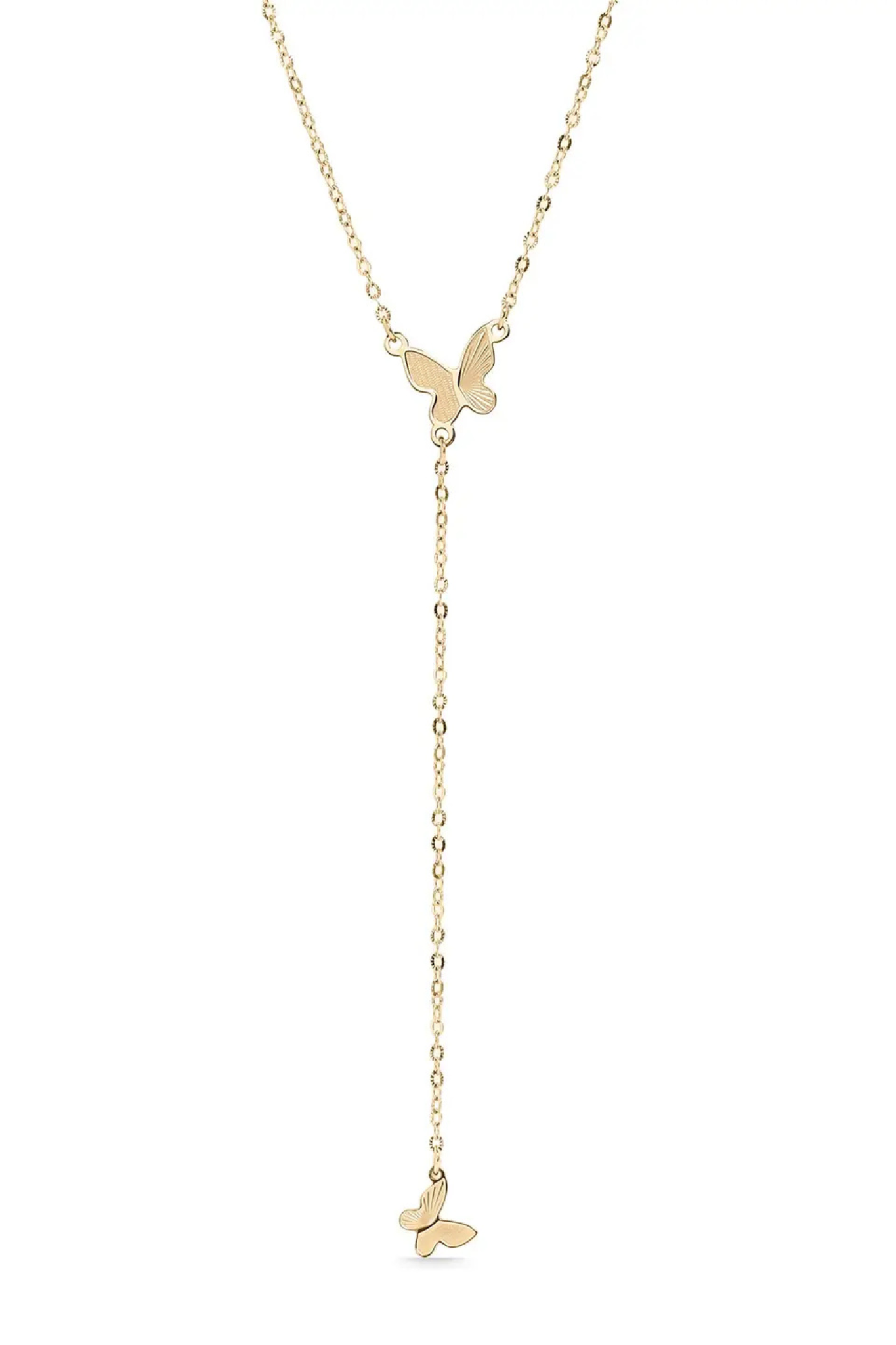 A delicate gold Y-necklace featuring two small butterfly charms, one at the center of the V and one at the long drop end, shown on a plain white background.
