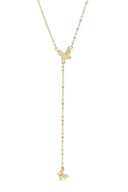 A delicate gold Y-necklace featuring two small butterfly charms, one at the center of the V and one at the long drop end, shown on a plain white background.