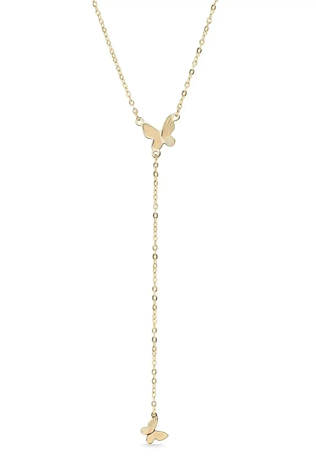 A delicate gold Y-necklace featuring two small butterfly charms, one at the center of the V and one at the long drop end, shown on a plain white background.