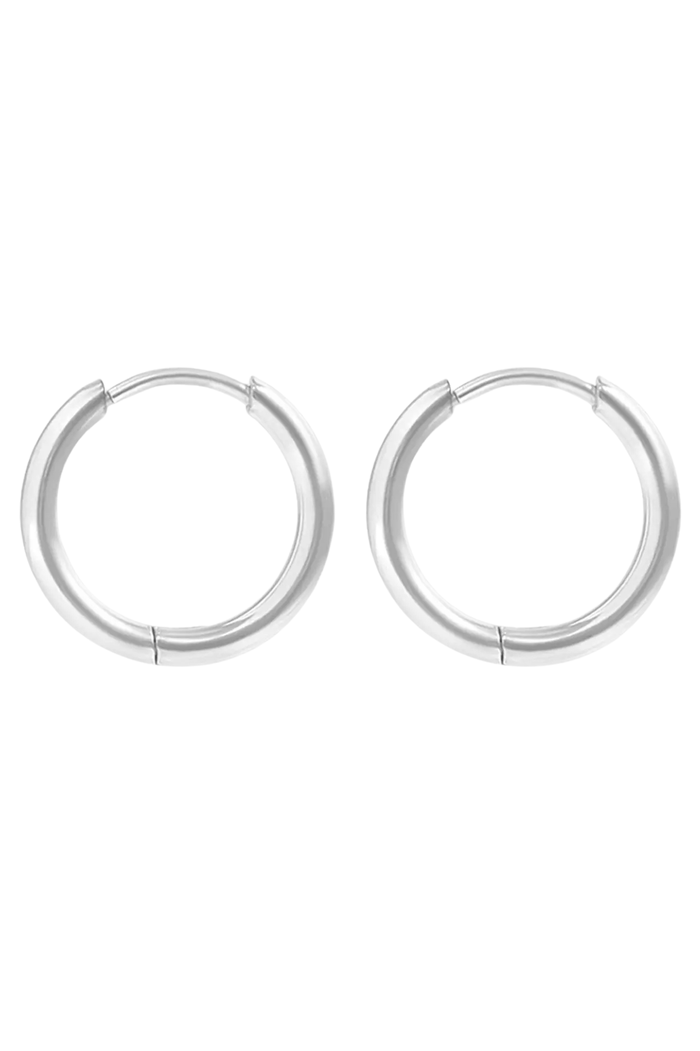A pair of silver-toned metal hoop earrings shown against a plain white background.