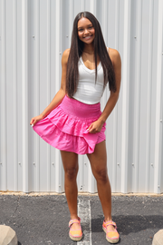 Ruched Ruffle Mini Skirt in Hot Pink
