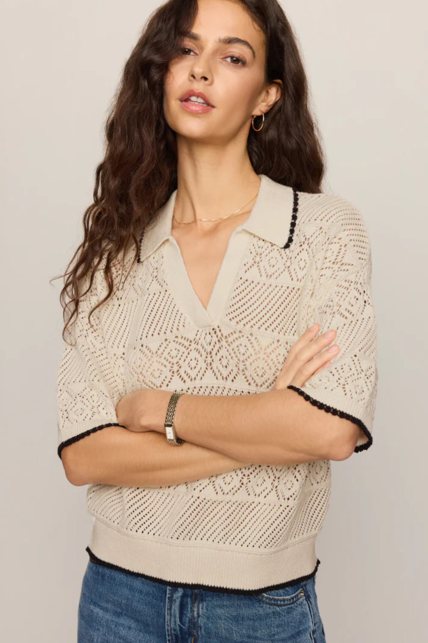 Z Supply: Denman Crochet Polo Sweater in Sandstone