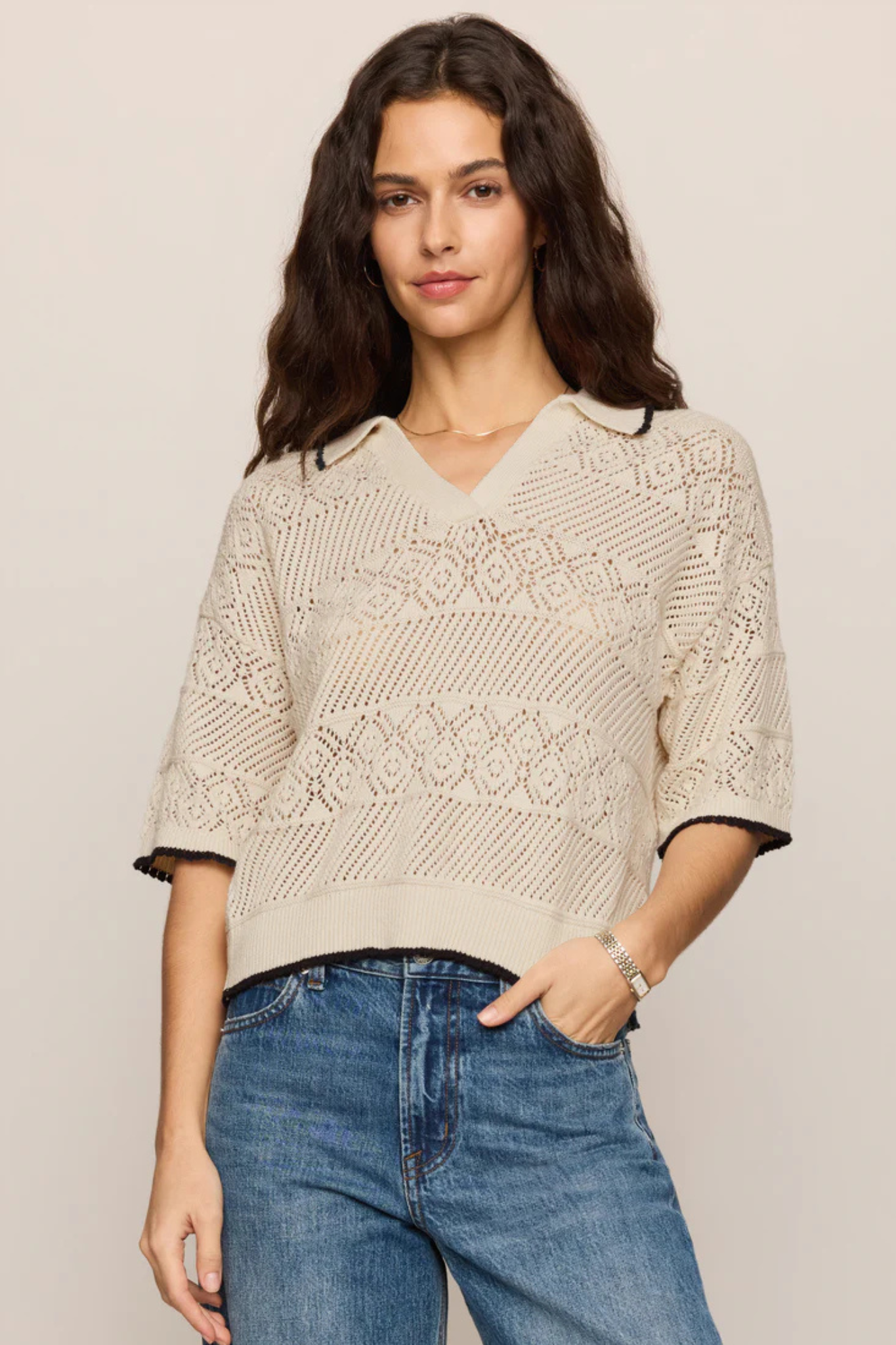 Z Supply: Denman Crochet Polo Sweater in Sandstone