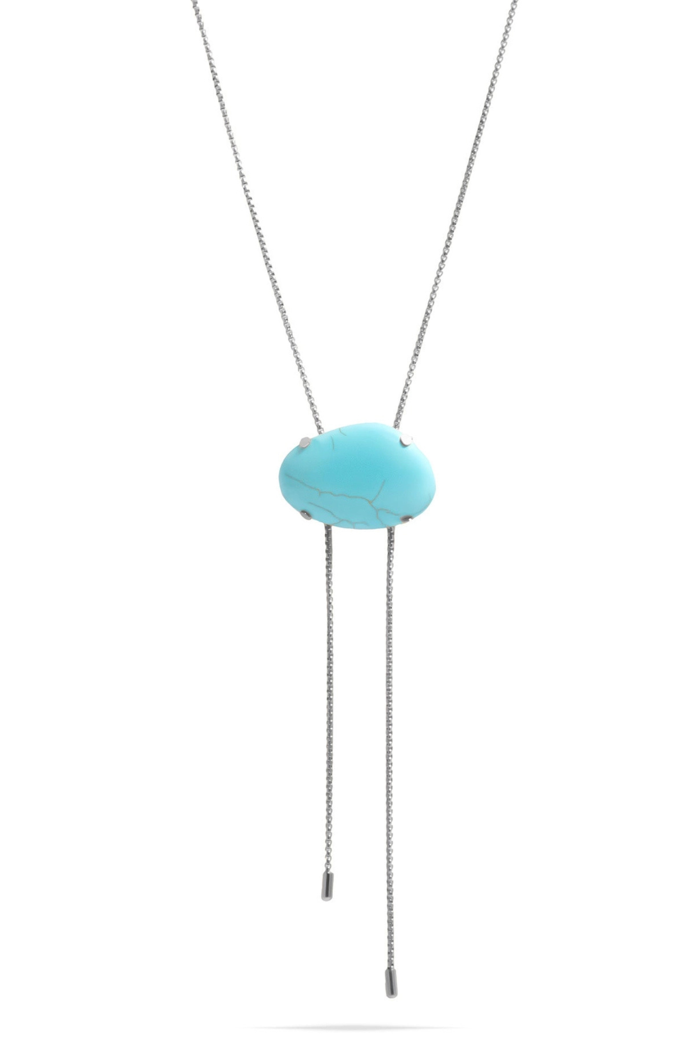 A silver-toned lariat necklace featuring a smooth, oval-shaped light blue turquoise stone pendant, suspended against a solid white background.