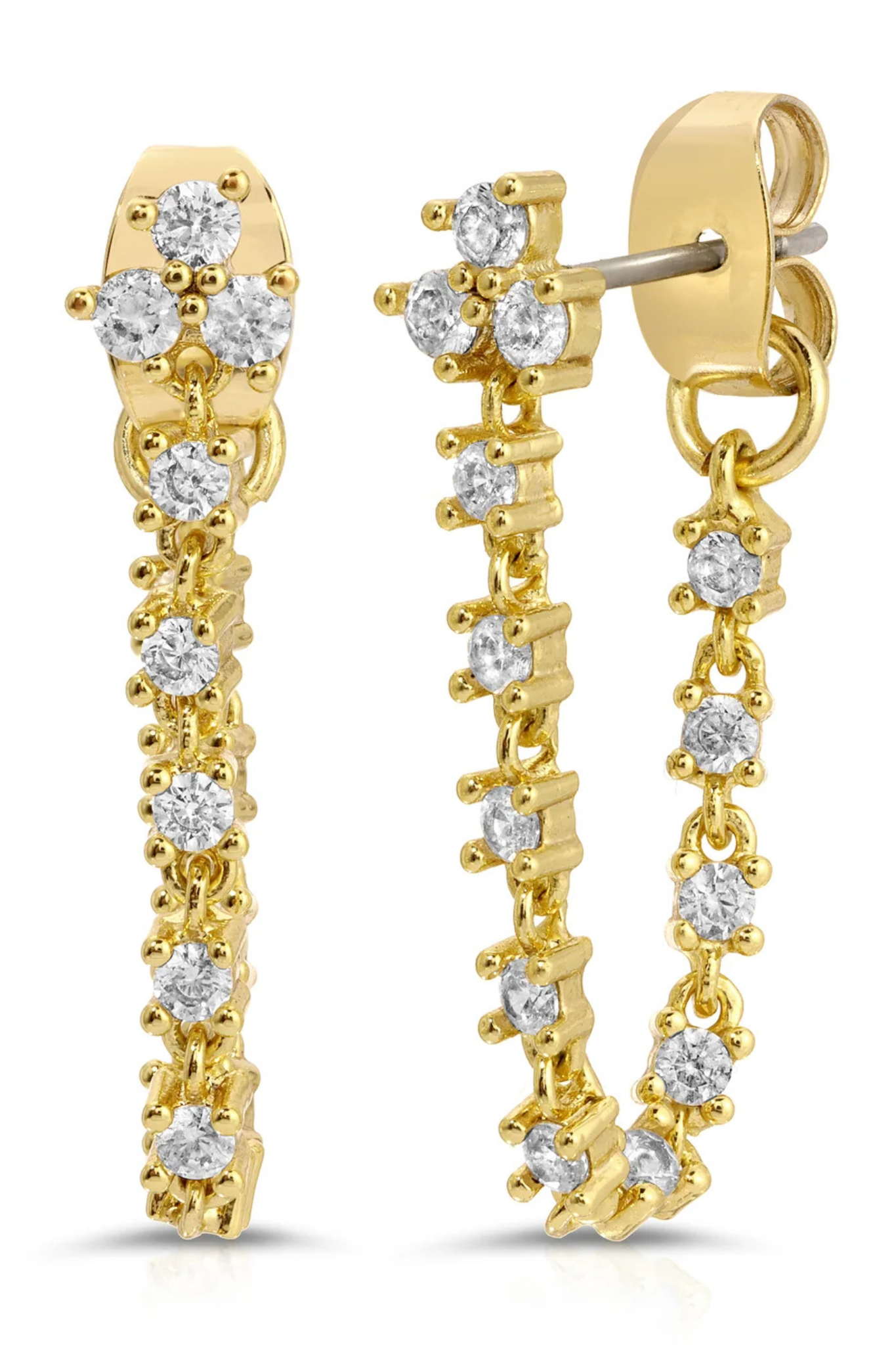 A pair of gold dangle earrings with clear round-cut gemstones, shown on a clean white background. One earring is displayed front-facing to show the design, and the other is angled to show the post and butterfly back.