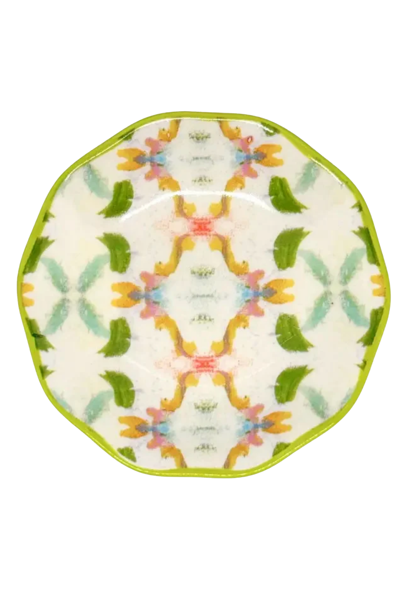 A round ceramic plate with a scalloped edge, featuring a symmetrical floral pattern in green, yellow, pink, and blue on a white background, with a lime green rim.