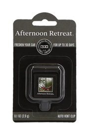 Afternoon Retreat car air freshener in a clear square vent clip mounted on a black retail card. The packaging reads 'Afternoon Retreat' and 'Freshen Your Car' with a small photo of a hammock on the clip itself.
