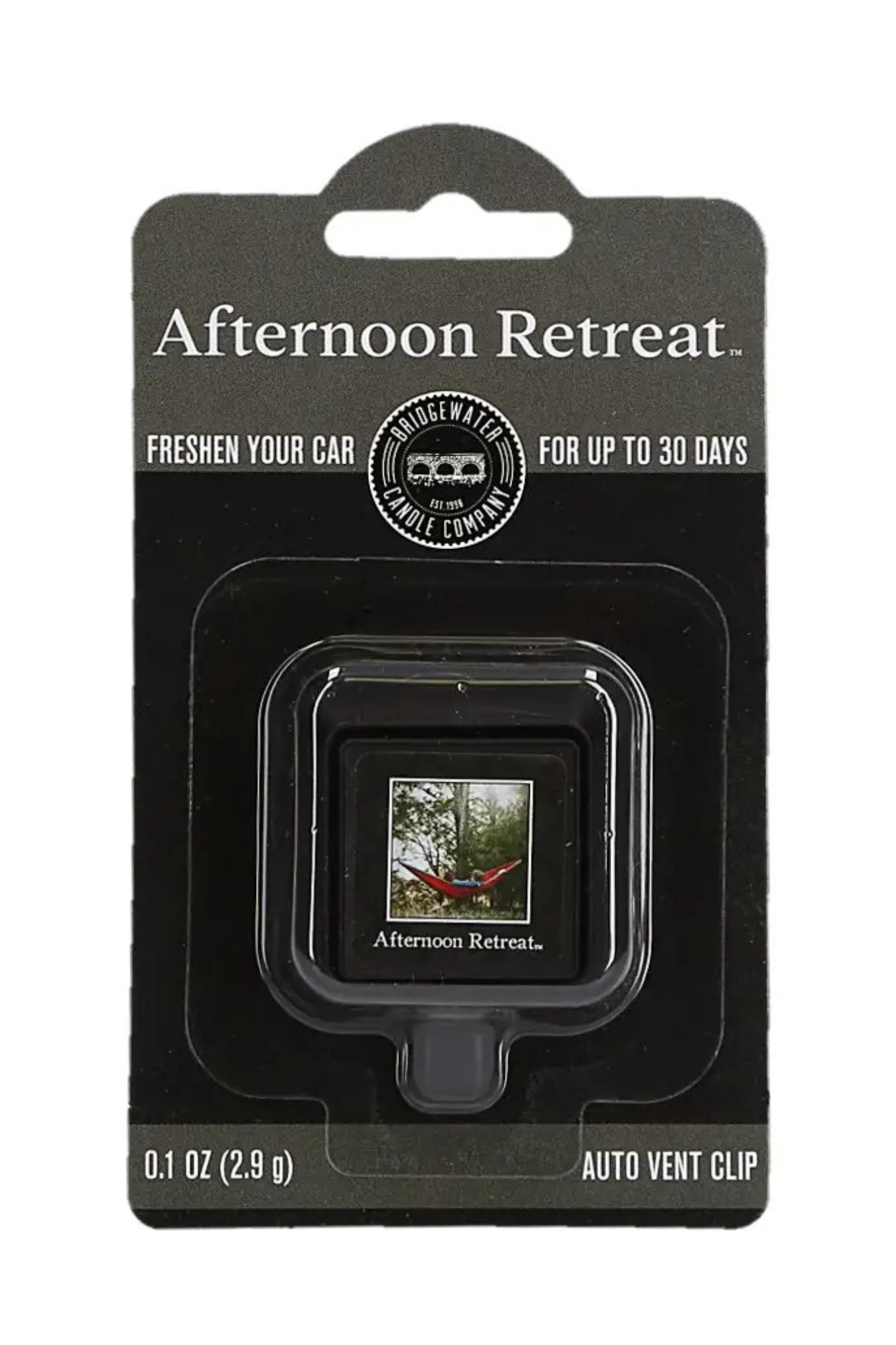 Afternoon Retreat car air freshener in a clear square vent clip mounted on a black retail card. The packaging reads 'Afternoon Retreat' and 'Freshen Your Car' with a small photo of a hammock on the clip itself.