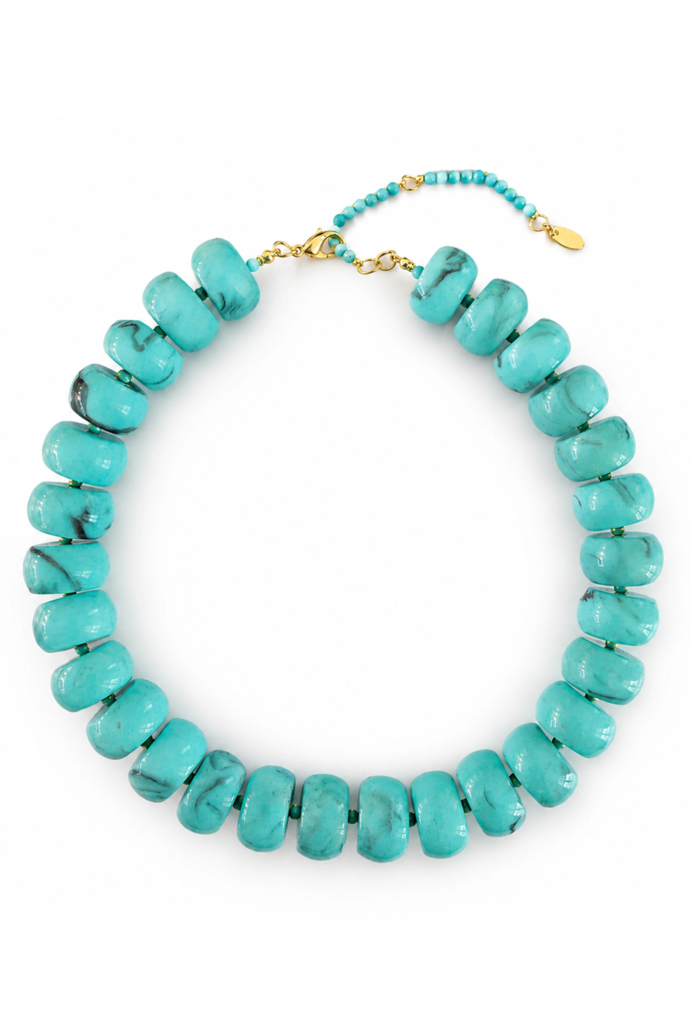 A chunky turquoise beaded necklace with a gold clasp and extender chain, displayed on a clean white background.