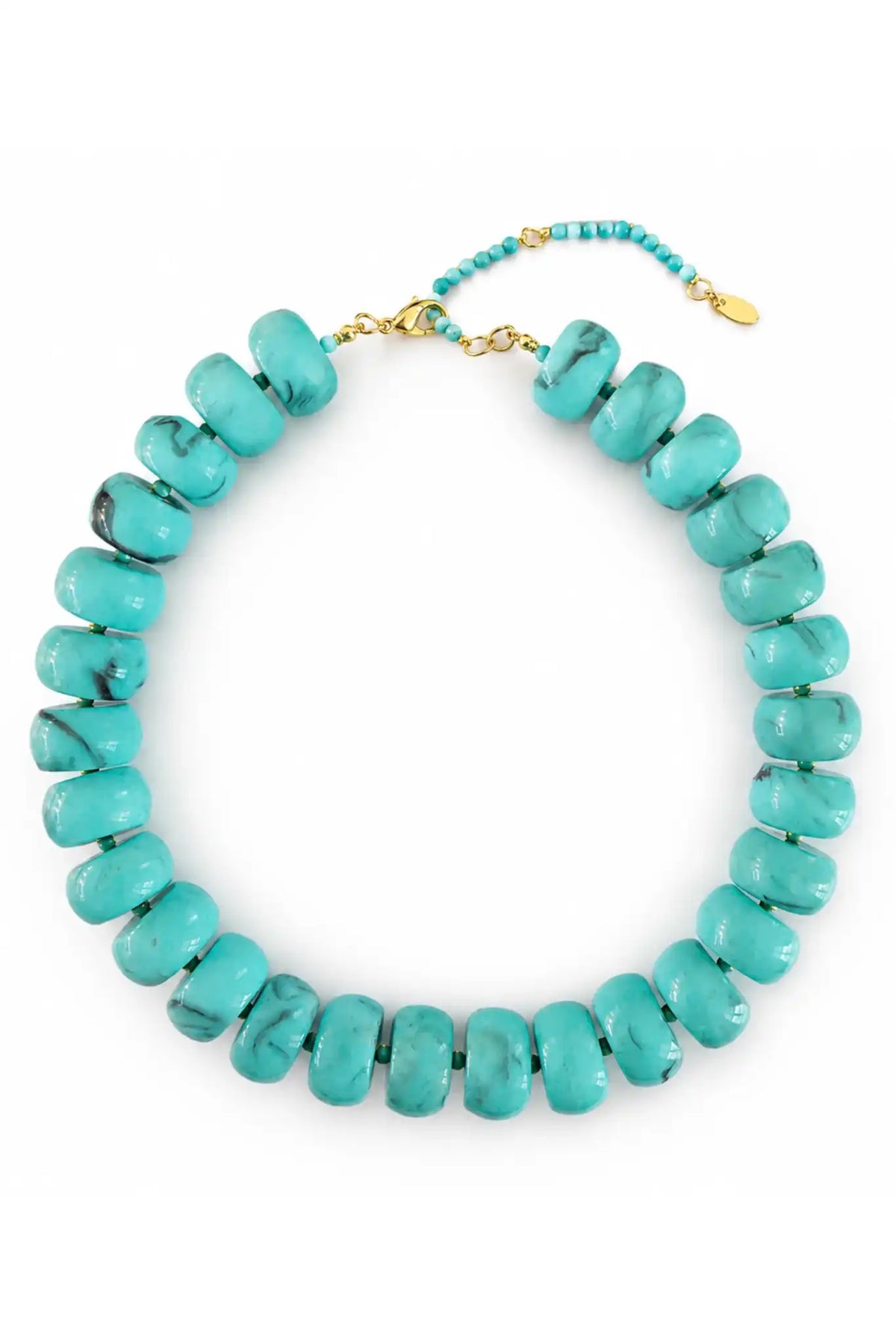 A chunky turquoise beaded necklace with a gold clasp and extender chain, displayed on a clean white background.
