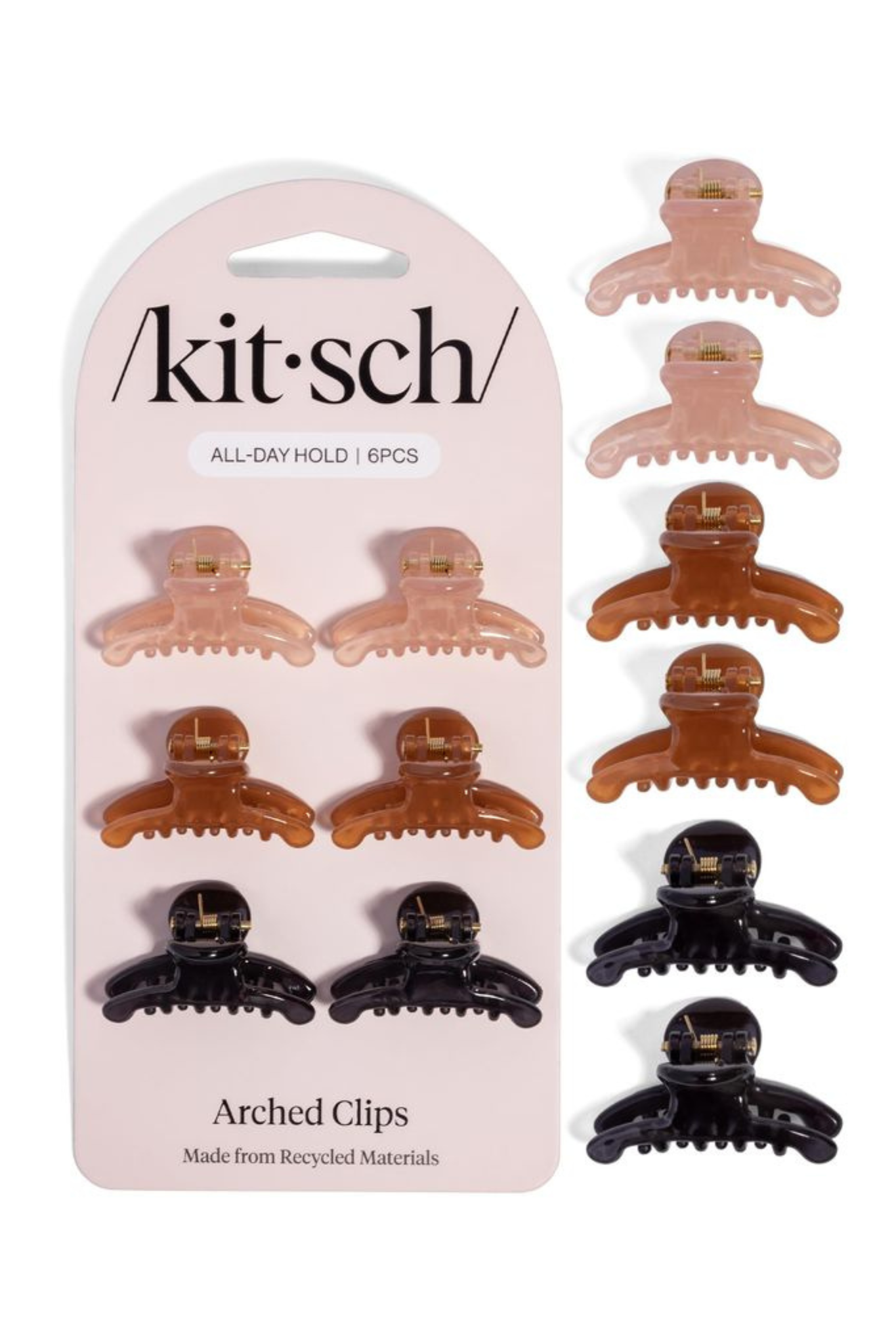 Kit Sch Arched Clips set of 6 in assorted translucent shades including pale pink, peach, caramel brown, and black, displayed on their original light pink packaging card.
