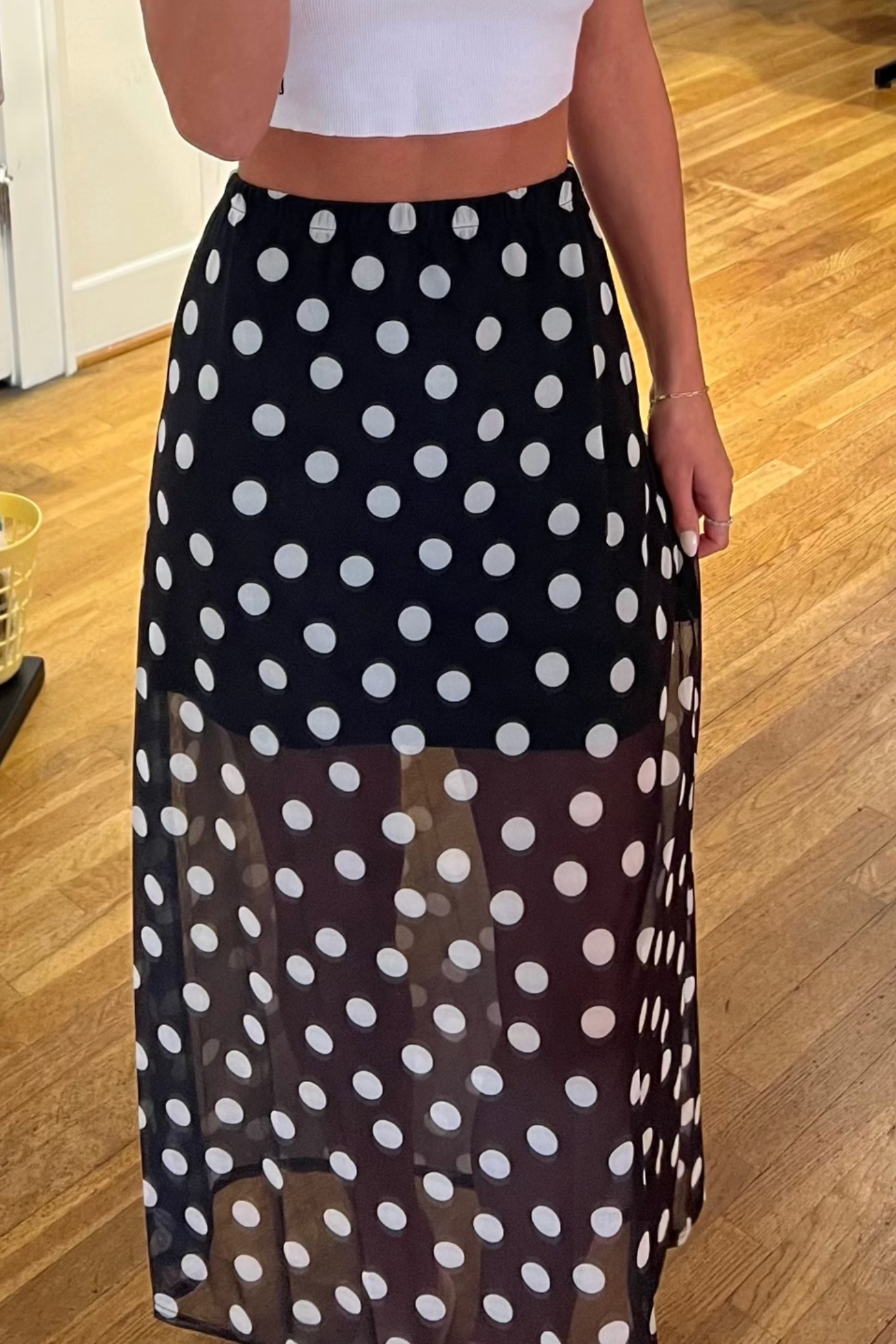 Women's Polka Dot Mesh Maxi Skirt in Black/White