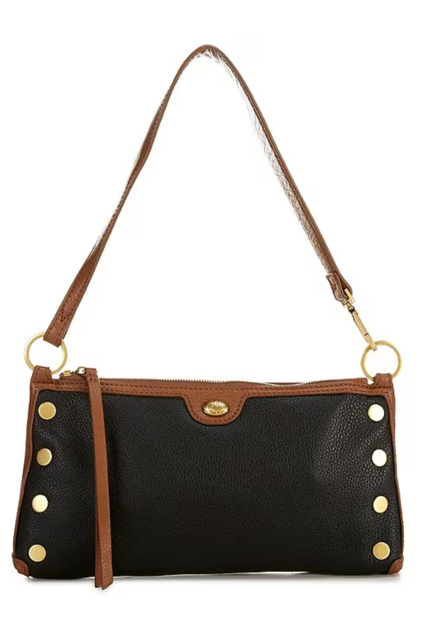 A black pebbled leather shoulder bag with brown leather trim, gold-tone metal studs, and a matching brown shoulder strap, shown against a plain white background.