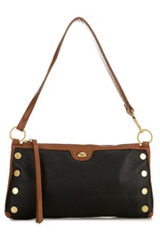 A black pebbled leather shoulder bag with brown leather trim, gold-tone metal studs, and a matching brown shoulder strap, shown against a plain white background.