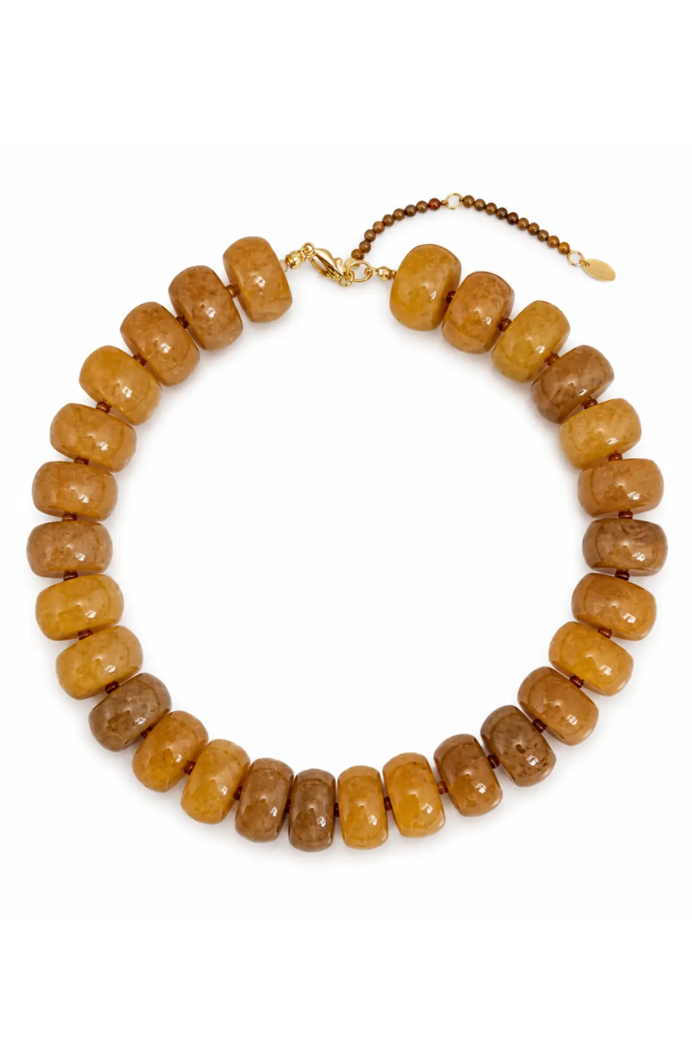 A beaded necklace made of chunky, faceted amber-brown beads with a gold clasp and extender chain, displayed on a clean white background.