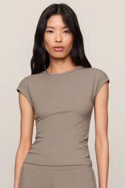 A woman wearing a fitted short-sleeve crewneck top in a muted taupe-gray color, shown from the chest down against a plain light beige studio background.