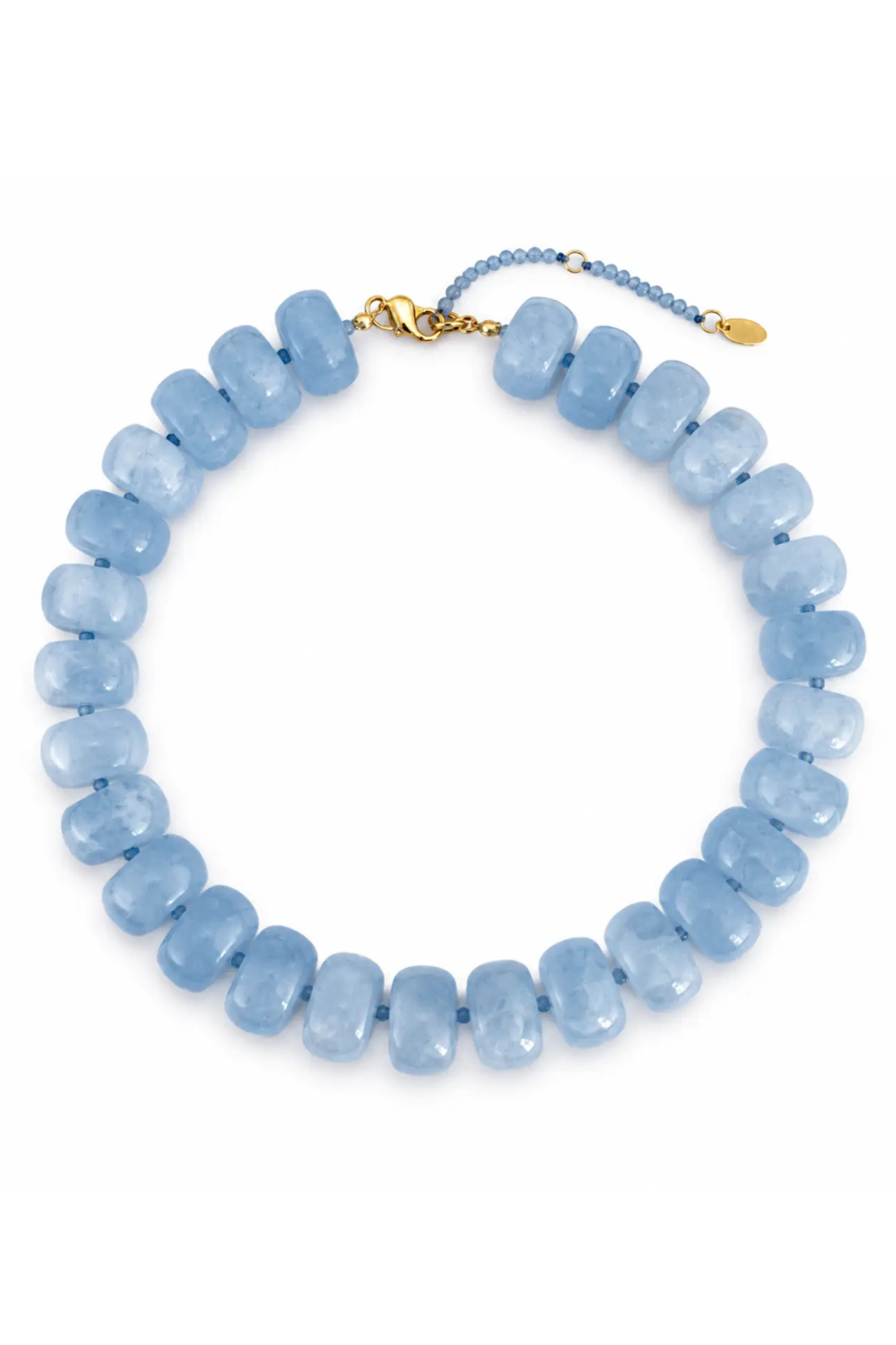 A beaded necklace made of light blue faceted stone beads, featuring a gold-tone lobster clasp and an adjustable blue cord extender with a small gold tag, shown on a plain white background.