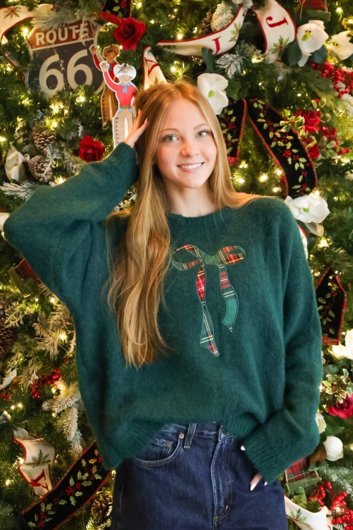 Green plaid bow sweater